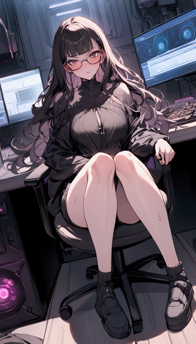 Dynamic composition,dutch angle,full body,Focus on legs,{{masterpiece}}, {{{Highest quality}}},{{Very detailed}},cyberpunk,1girl,30years old,{Mature Woman}},otaku obsessed with fighting geeks,,{{Sit on a chair and take a rest}},{{raise one leg}},long-sleeved blouse,Shorts,Short socks,glasses,clavicle,,{{v-shaped eyebrows}},Bad mood,blush,Sweat,raise one's eyebrows　,{{View your viewers}}、long hair,Blunt bangs ,indoor、Computer Room