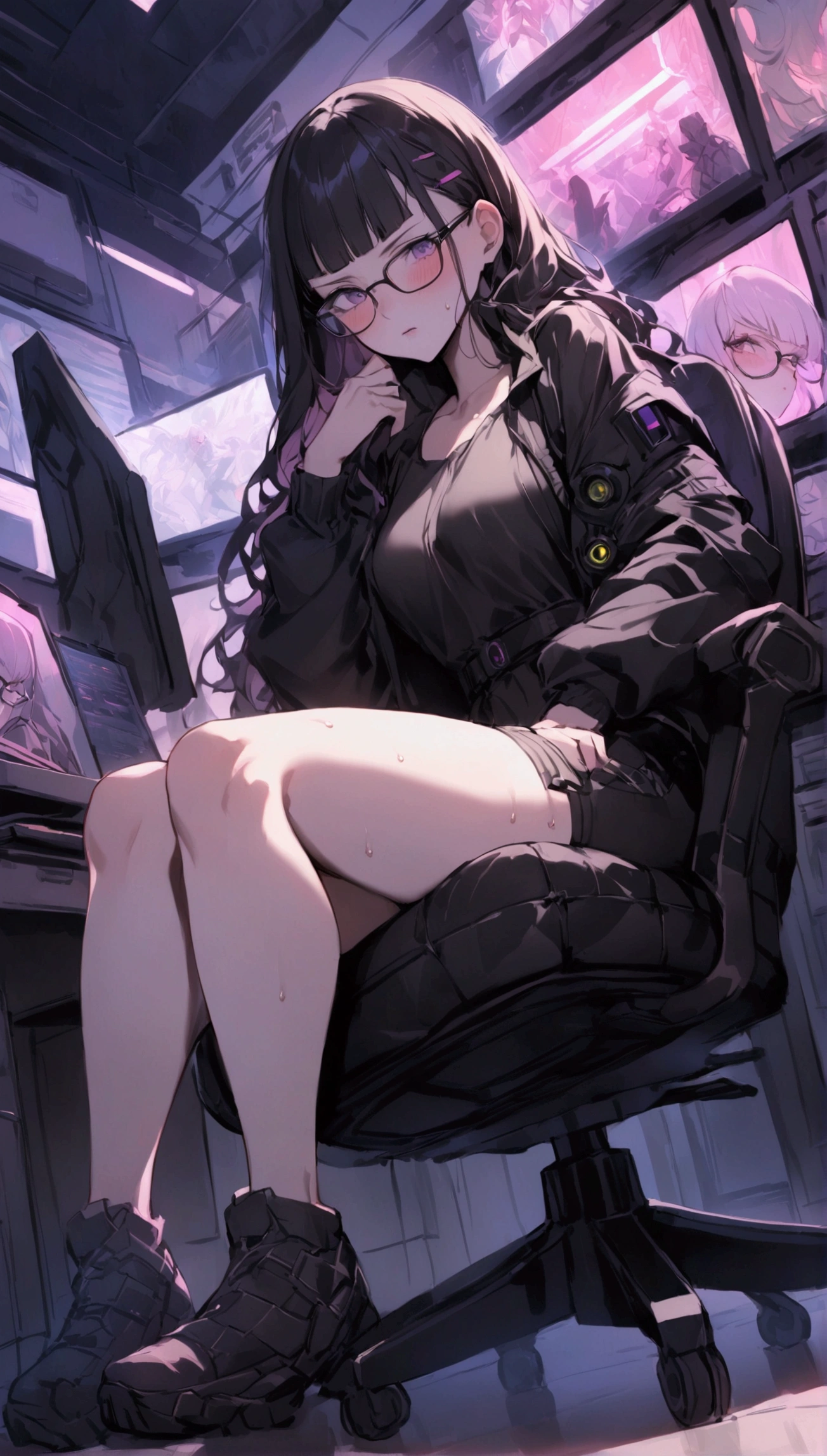 Dynamic composition,dutch angle,full body,Focus on legs,{{masterpiece}}, {{{Highest quality}}},{{Very detailed}},cyberpunk,1girl,30years old,{Mature Woman}},otaku obsessed with fighting geeks,,{{Sit on a chair and take a rest}},{{raise one leg}},long-sleeved blouse,Shorts,Short socks,glasses,clavicle,,{{v-shaped eyebrows}},Bad mood,blush,Sweat,raise one's eyebrows ,{{View your viewers}}、long hair,Blunt bangs ,indoor、Computer Room