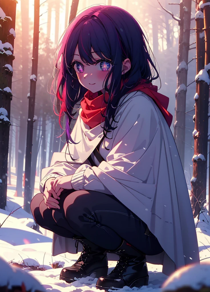 aihoshino, Ai Hoshino, Long Hair, bangs, (Purple eyes:1.1), Purple Hair, (Symbol-shaped pupil:1.5), smile,,smile,blush,white breath,
Open your mouth,snow,Ground bonfire, Outdoor, boots, snowing, From the side, wood, suitcase, Cape, Blurred, , forest, White handbag, nature,  Squat, Mouth closed, Cape, winter, Written boundary depth, Black shoes, red Cape break looking at viewer, Upper Body, whole body, break Outdoor, forest, nature, break (masterpiece:1.2), Highest quality, High resolution, unity 8k wallpaper, (shape:0.8), (Beautiful and beautiful eyes:1.6), Highly detailed face, Perfect lighting, Highly detailed CG, (Perfect hands, Perfect Anatomy),