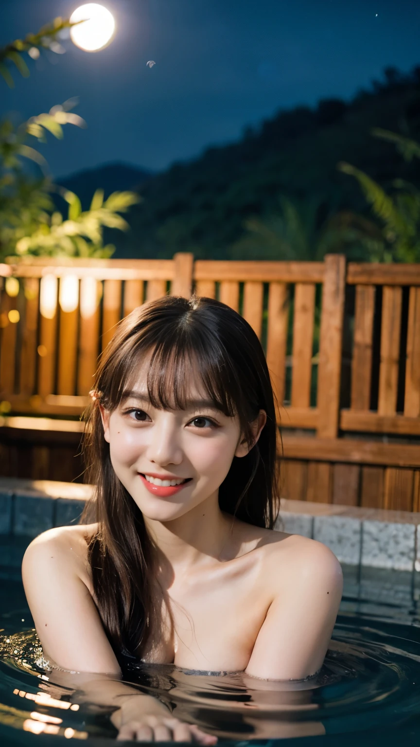 (8k、RAW Photos、Highest quality、masterpiece:1.2)、((night、moonlight:1.5))、((naked、Flat Chest、Make your face bigger:1.3))、(Realistic、Realistic)、1 girl、(cute、smile、bangs、hot spring、relaxing after a hot bath、bamboo forest))