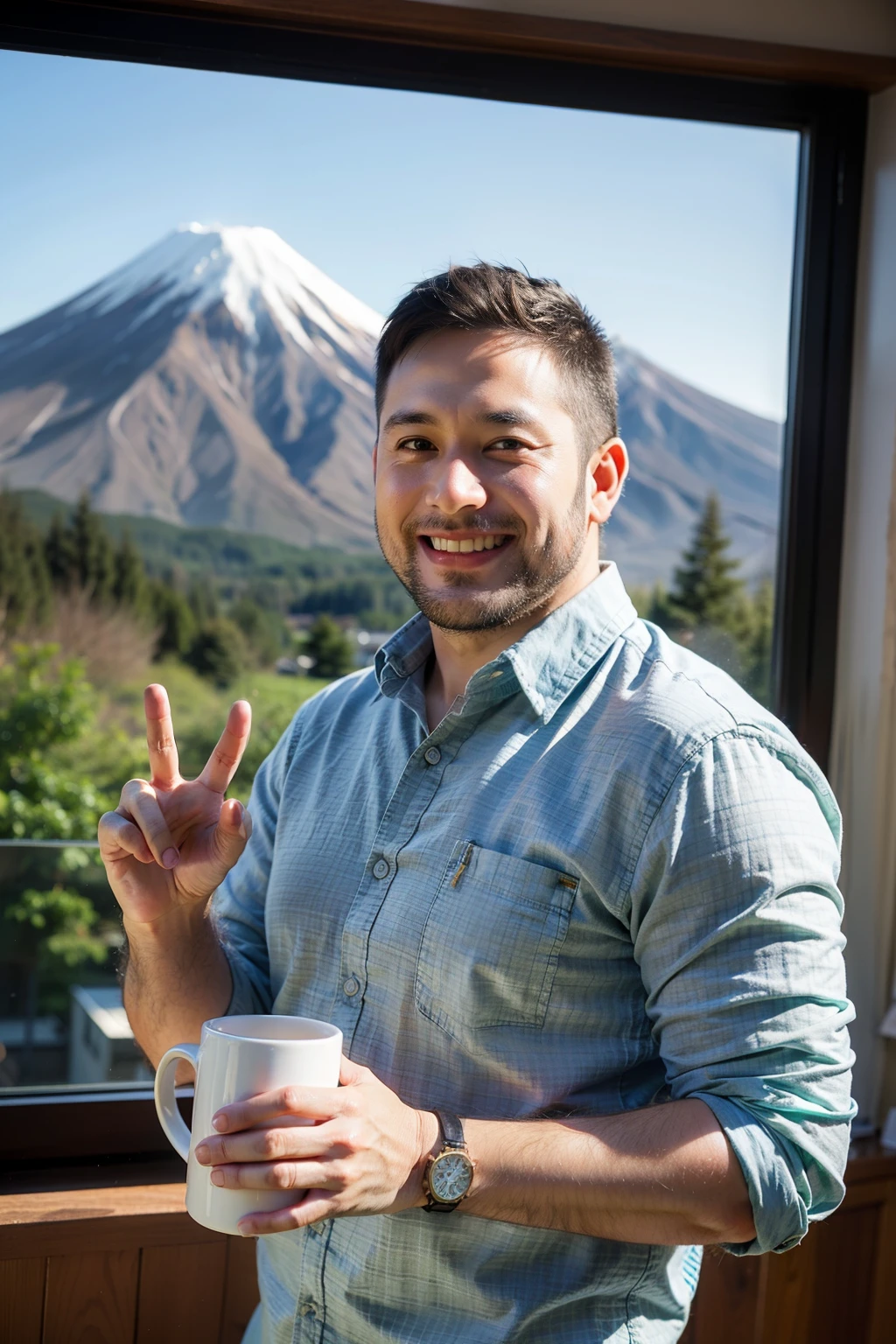 Raising a 40-Year-Old Man, smiling happily, No glasses, Holding a colorful mug in hand, The other hand gestures like,Green plaid shirt and jeans, Brown eyes, The screen is flawless.Mount Fuji is in the background outside the window