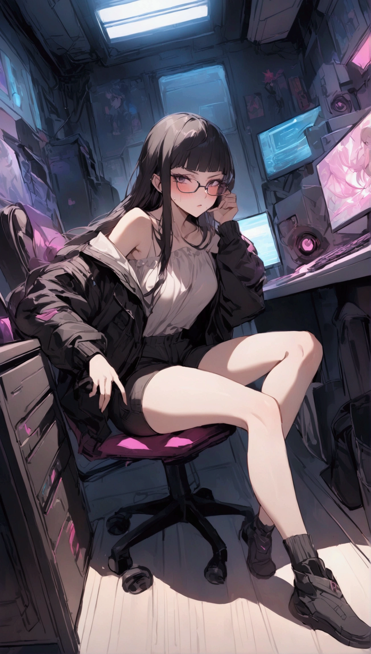 Dynamic composition,dutch angle,full body,Focus on legs,{{masterpiece}}, {{{Highest quality}}},{{Very detailed}},cyberpunk,1girl,30years old,{Mature Woman}},otaku obsessed with fighting geeks,,{{Sit on a chair and take a rest}},{{raise one leg}},long-sleeved blouse,Shorts,Short socks,glasses,clavicle,,{{v-shaped eyebrows}},Bad mood,blush,Sweat,raise one's eyebrows ,{{View your viewers}}、long hair,Blunt bangs ,indoor、Computer Room