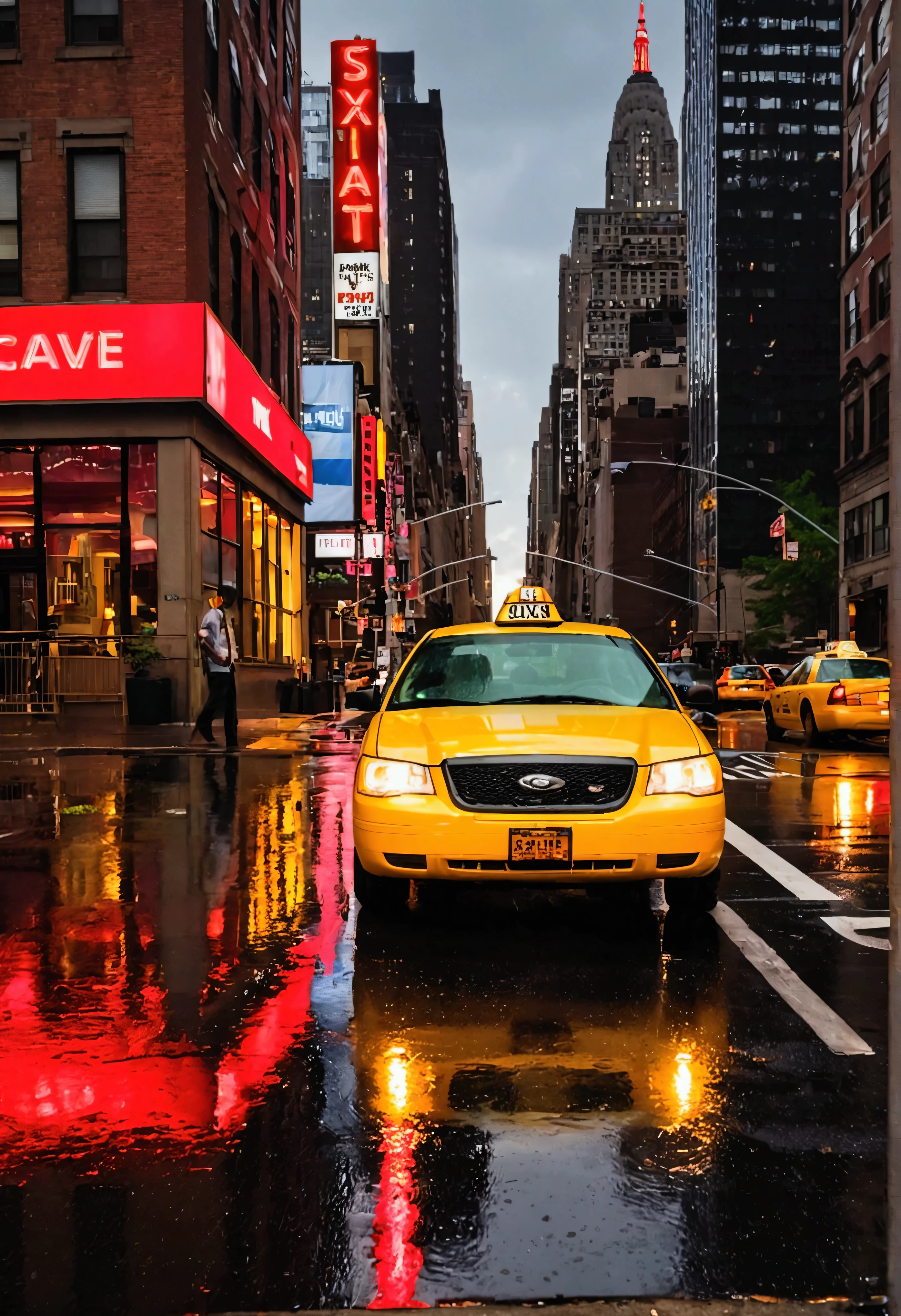 New York City, street photography, shiny cars, Rain, humid, red skies, magical atmosphere, escape line, guidinglines,Street , taxi, sun set, wet