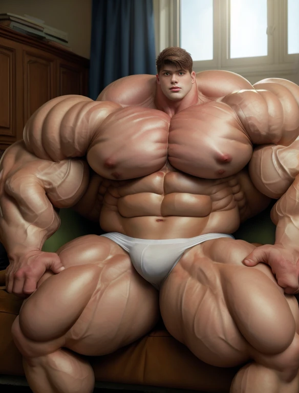 1boy, giant, giant bodybuilder, stand, warm light, strong body, bulk, large size, staring, sitting on couch in the dorm room, open legs, nude, white triangular underwear, prominent bulge, extraordinary big, brutalmass, giant, muscular body, bulk, buff, massive body, large meaty body size, extremely wide body