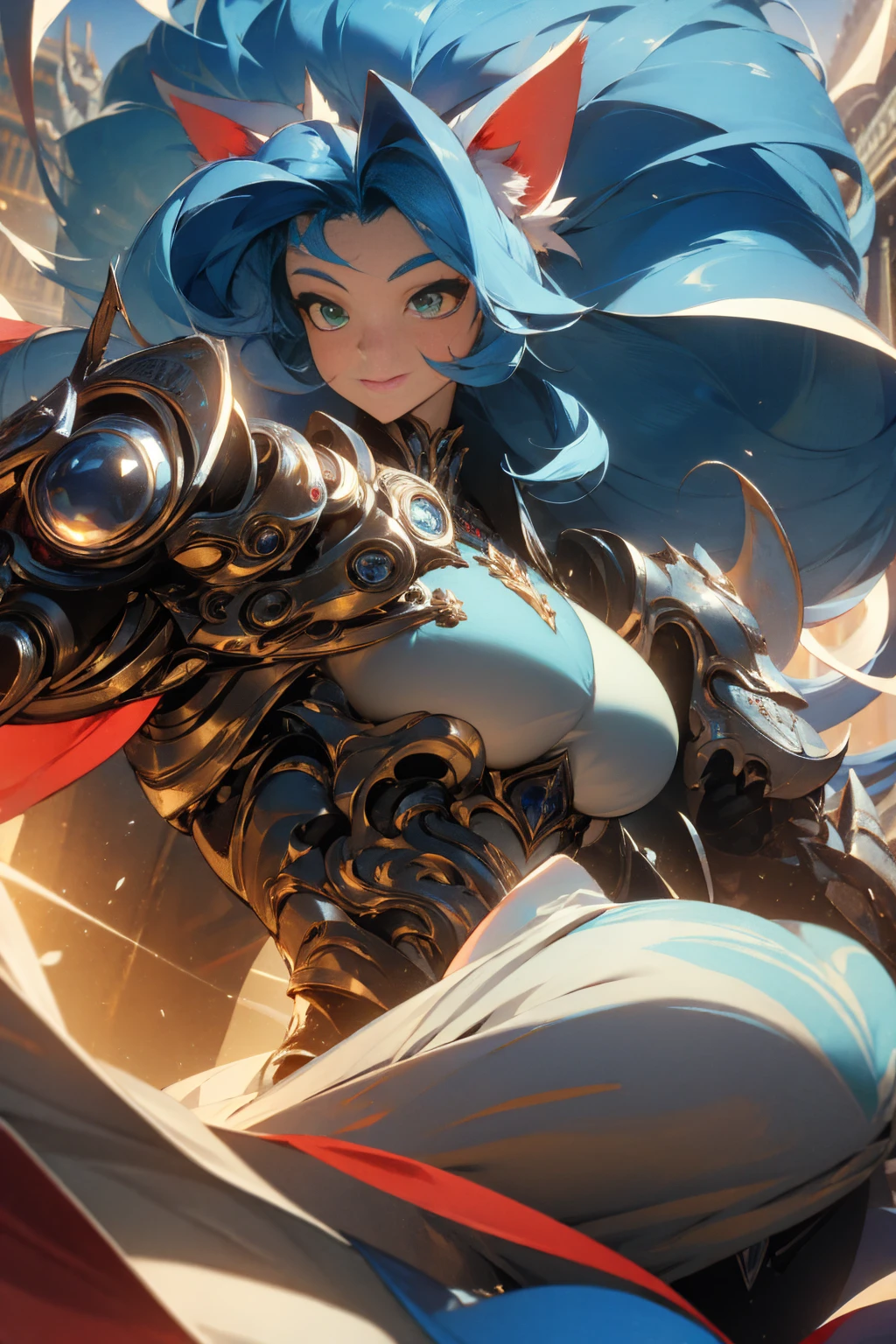 ((Masterpiece, Best Quality)), Felicia, Blue hair, Green eyes, cat eyes, Cat tail, busty, big breasts, big ass, happy, smile, white heavy armor, gauntlets, graves, in a fantasy city, illustration, ultra-detailed 8K, realistic, clear focus, highly detailed, professional lighting, colorful details, colors BREAK,