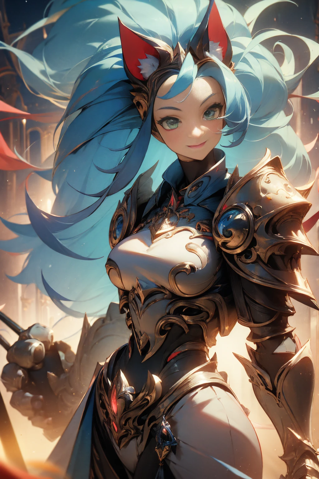 ((Masterpiece, Best Quality)), Felicia, Blue hair, Green eyes, cat eyes, Cat tail, busty, big breasts, big ass, happy, smile, white heavy armor, gauntlets, graves, in a fantasy city, illustration, ultra-detailed 8K, realistic, clear focus, highly detailed, professional lighting, colorful details, colors BREAK,