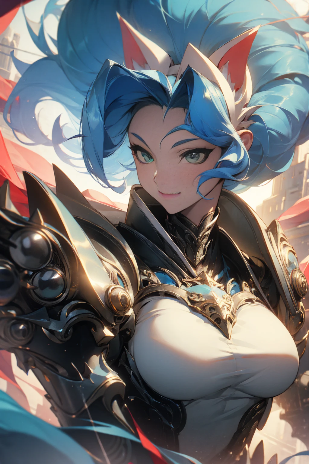 ((Masterpiece, Best Quality)), Felicia, Blue hair, Green eyes, cat eyes, Cat tail, busty, big breasts, big ass, happy, smile, white heavy armor, gauntlets, graves, in a fantasy city, illustration, ultra-detailed 8K, realistic, clear focus, highly detailed, professional lighting, colorful details, colors BREAK,