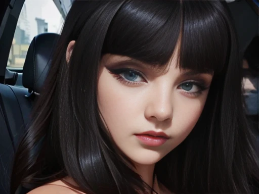 Attractive girl with big blue eyes, brown skin, long black hair with bob style bangs, voluminous lips, thin nose, Image 1.2, high resolution gothic makeup fanart 