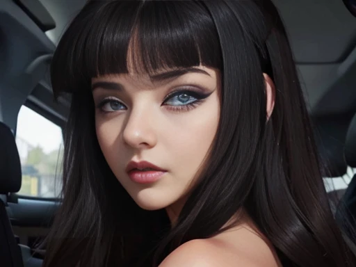 Attractive girl with big blue eyes, brown skin, long black hair with bob style bangs, voluminous lips, thin nose, Image 1.2, high resolution gothic makeup fanart 