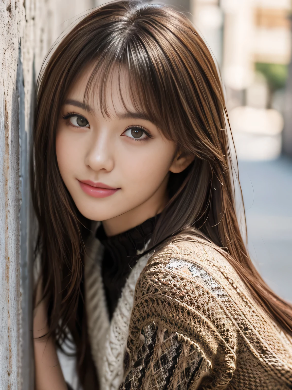 masterpiece, best quality, ultra-detailed, hyperdetailed, realistic, sharp features, highly detailed, sharp focus, Realistic, Photorealistic:1.3, (19 years old:1.3), perfect face, perfect symmetrically eyes, perfect lips, hyper detailed, hyper realistic, high resolution, Fashion Model, Japanese Idol, Slender, brown hair, Stylish, model poses, Beautiful Face, light brown hair, messy hair, diagonal bangs, (seductive smile), (looking at viewer), cinematic lighting, blurred background, (Argyle knit:1.2), ((Pleated miniskirt, black high socks)), (leaning on wall),