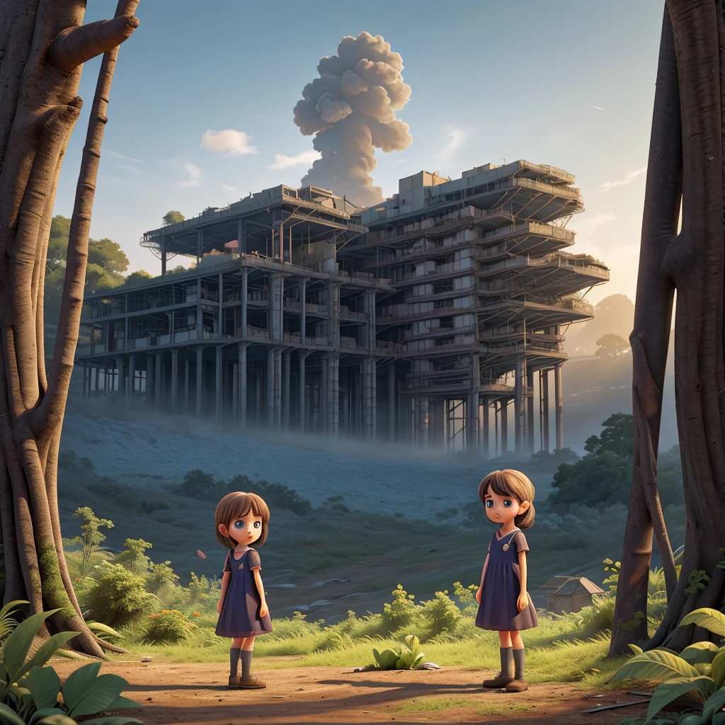 Generate a hyper-realistic image illustrating the future of nature being destroyed by human behaviors. The main subject is a young girl standing amidst the destruction. The background features a once-thriving forest now littered with deforestation, pollution, and industrial waste. In the distance, towering factories emit dark smoke into the sky, and the ground is scattered with plastic debris and dead plants. The sky is overcast, with a dull, grayish hue, reflecting the grim state of the environment. The girl's expression should convey a mix of sadness and concern as she witnesses the destruction around her. Details: Focus on the detailed features of the girl, her dress, and the devastated natural elements around her. Ensure the factories, deforestation, pollution, and sky are depicted with stunning clarity and realism. Capture the essence of a somber, reflective moment highlighting the impact of human behaviors on nature. In-Bracket and Others: (ultra detailed, absolutely high resolution, best quality:1.3) (2.5D, delicate and dynamic, hyper realistic) (artistic photography, graphic CG digital art) (shading effects, gradation magic effects, glitter effects) (sunlight effects, foggy filter effect, cartoon-style)