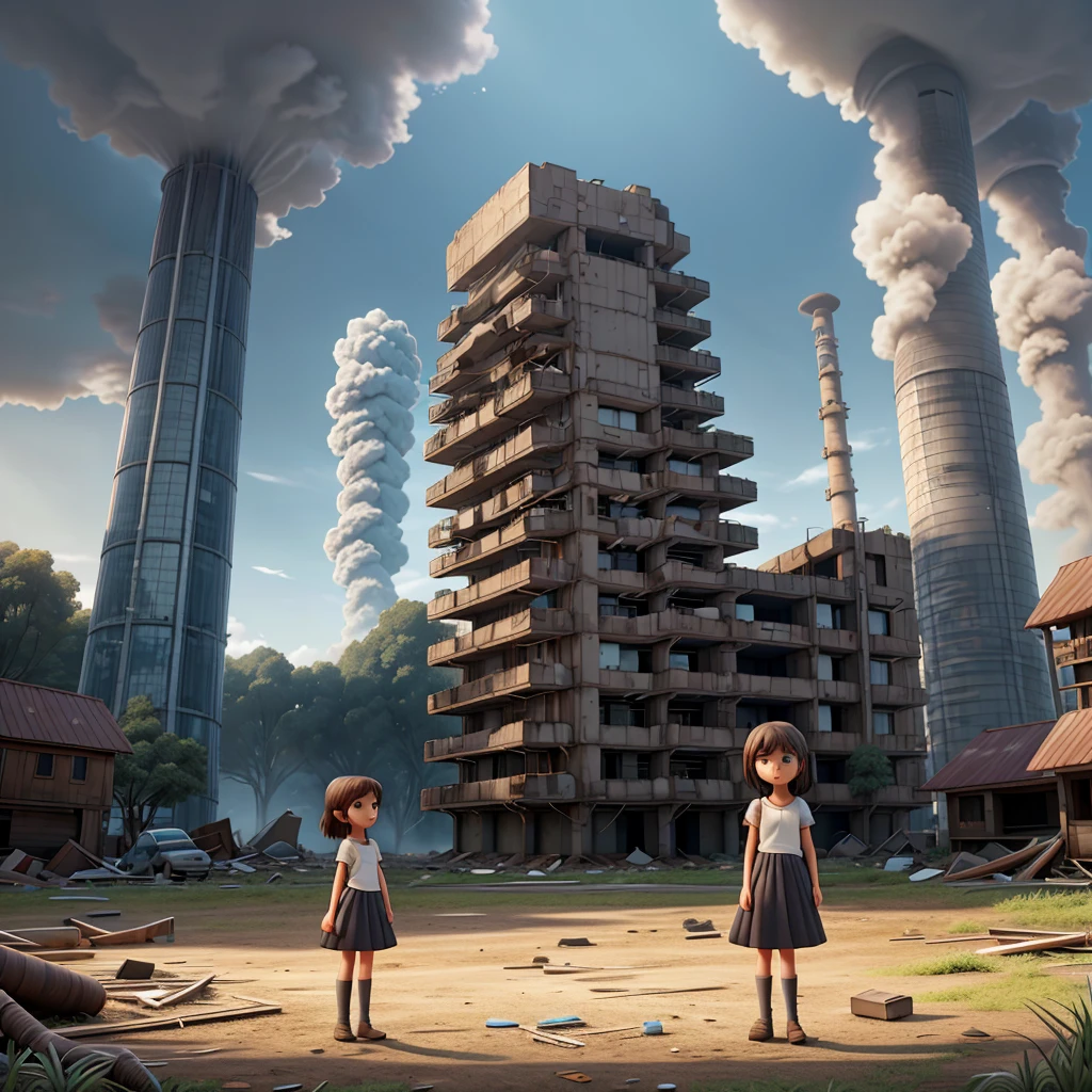 Generate a hyper-realistic image illustrating the future of nature being destroyed by human behaviors. The main subject is a young girl standing amidst the destruction. The background features a once-thriving forest now littered with deforestation, pollution, and industrial waste. In the distance, towering factories emit dark smoke into the sky, and the ground is scattered with plastic debris and dead plants. The sky is overcast, with a dull, grayish hue, reflecting the grim state of the environment. The girl's expression should convey a mix of sadness and concern as she witnesses the destruction around her. Details: Focus on the detailed features of the girl, her dress, and the devastated natural elements around her. Ensure the factories, deforestation, pollution, and sky are depicted with stunning clarity and realism. Capture the essence of a somber, reflective moment highlighting the impact of human behaviors on nature. In-Bracket and Others: (ultra detailed, absolutely high resolution, best quality:1.3) (2.5D, delicate and dynamic, hyper realistic) (artistic photography, graphic CG digital art) (shading effects, gradation magic effects, glitter effects) (sunlight effects, foggy filter effect, cartoon-style)