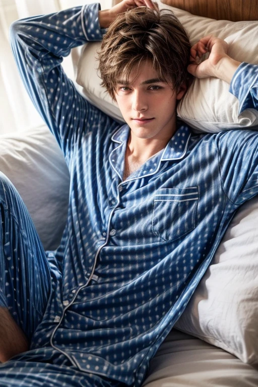 boy lying in bed, 17 year lying down in bed, he is lying on his side, ((blue polka dot pajamas, soft cotton pajamas)), his head is resting on pillows, polka dot pajama shirt, wide mattress, featherbed, he is wearing long shirt, long sleeves, oversized shirt, he is wearing long pants, matching top and bottoms, king size pillows, feather pillows, scruffy hair, very messy hair, bed head, arms down, cute face, soft face, ((sleepy eyes, soft loving smile, clean shaven)), soft bed, best quality, thin body, hairless body, skinny white boy, close-up shot, camera is right beside him, he is looking at the camera, just woke up