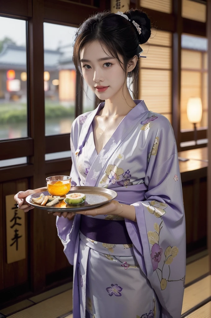 (((best quality))),(((ultra detailed))),(((masterpiece))),illustration,((1 beautiful Japannese girl,solo)),((slim,thin)),((small breasts,flat chest)),(in izakaya:1.3),(summer:1.2),(rainy:1.3),(indoor:1.2),(night scene:1.3),(wet:1.3),(purple floral yukata:1.3),neat bun,porcelain skin,rouge,dimly lit,warm glow,ethereal,(standing:1.3),(arms behind back:1.3),sake bottle,half-empty glass,tray,grilled fish,steamed vegetables,half-eaten,melancholic smile,storm,solitude,enigmatic aura,tranquility,chaos,simplicity,mysterious,captivating,((from front,upper body))
