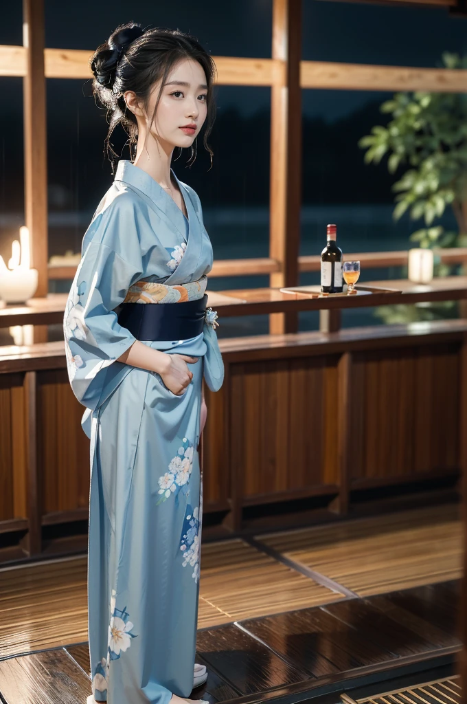 (((best quality))),(((ultra detailed))),(((masterpiece))),illustration,((1 beautiful Japannese girl,solo)),(neat bun:1.2),((slim,thin)),((small breasts,flat chest)),(in izakaya:1.3),(summer:1.2),(rainy:1.3),(indoor:1.2),(night scene:1.3),(wet:1.3),(collar:1.2),(blue floral yukata:1.3),(hakama:1.2),porcelain skin,(slender legs:1.2),(loafers:1.2),rouge,dimly lit,warm glow,ethereal,(standing:1.3),(arms behind back:1.2),sake bottle,half-empty glass,tray,grilled fish,steamed vegetables,half-eaten,melancholic smile,storm,solitude,enigmatic aura,tranquility,chaos,simplicity,mysterious,captivating,((from front,full body))