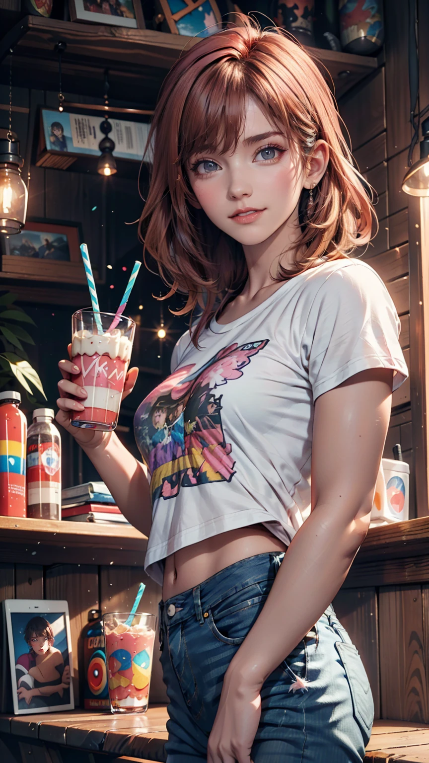 AniPoma 1,(masterpiece, Best illustrations, The best manga), alone, One Girl, Purple eyes, (Glowing Skin, Soft Hair), (Milkshake in hand), freckles, (bright pink two-tone hair:1.3), (Wearing a Led Zeppelin T-shirt, Denim jeans), (Extreme light and shadow, Volumetric lighting, Rim Light), (dawn:.5), (Rainbow Light, Light leakage), (attractive, Grin), (alone), manga dusk 1, Manga 1