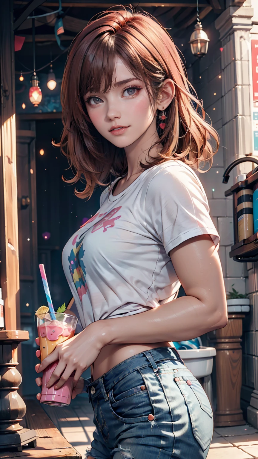 AniPoma 1,(masterpiece, Best illustrations, The best manga), alone, One Girl, Purple eyes, (Glowing Skin, Soft Hair), (Milkshake in hand), freckles, (bright pink two-tone hair:1.3), (Wearing a Led Zeppelin T-shirt, Denim jeans), (Extreme light and shadow, Volumetric lighting, Rim Light), (dawn:.5), (Rainbow Light, Light leakage), (attractive, Grin), (alone), manga dusk 1, Manga 1