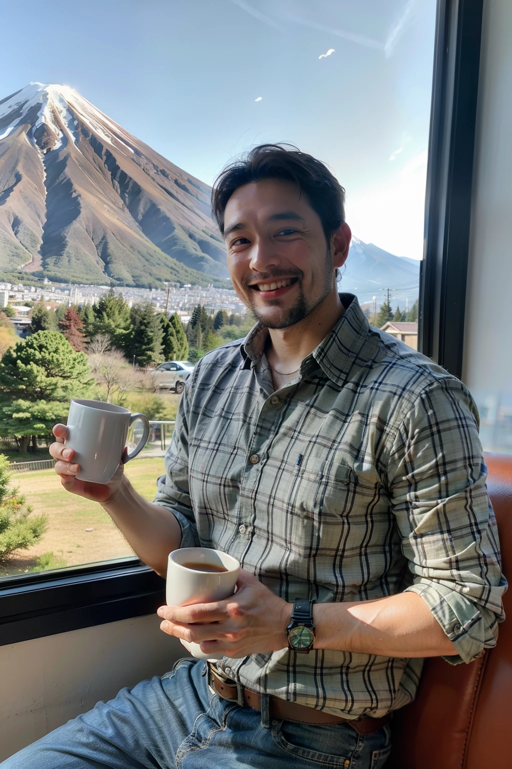 Raising a 40-Year-Old Man, smiling happily, No glasses, Holding a colorful mug in hand, The other hand gestures like,Green plaid shirt and jeans, Brown eyes, The screen is flawless.Mount Fuji is in the background outside the window