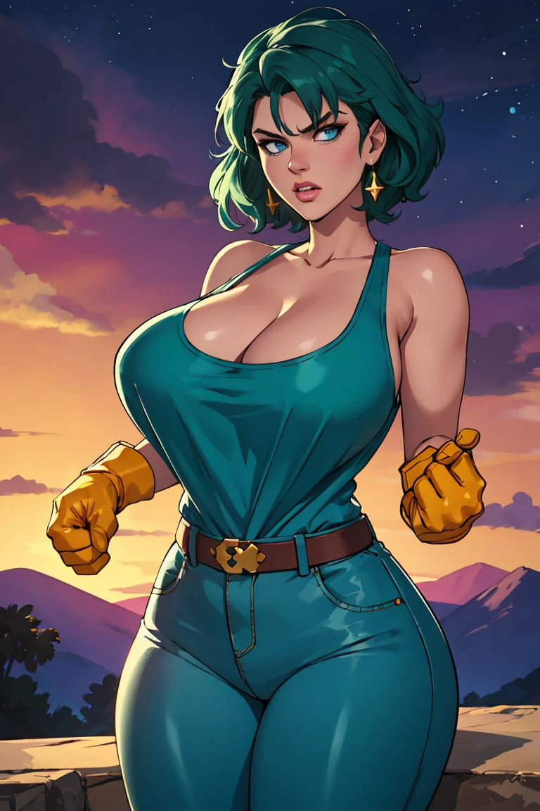 hyper largest_breasts!! with the type of elons, , Waifu, masterpiece, curvy, breasts, random hairs, random colors, full sunset,, 1girl, Jenna Jameson, cleavage, large breasts, tank top, blue eyes, rating:explicit,rule34, hardcore, ,,clenched hands, punching, night, sky, jumpsuit, pants, bare shoulders, clenched hand, rating:questionable, short hair, belt, green hair, solo, angry, orange gloves, lip biting(gigantic and massive tits:1.1), breasts, official illustration, illustration, detailed face, beautiful intricate eyes, curvy milf, 1:2), closeup, titsnipples