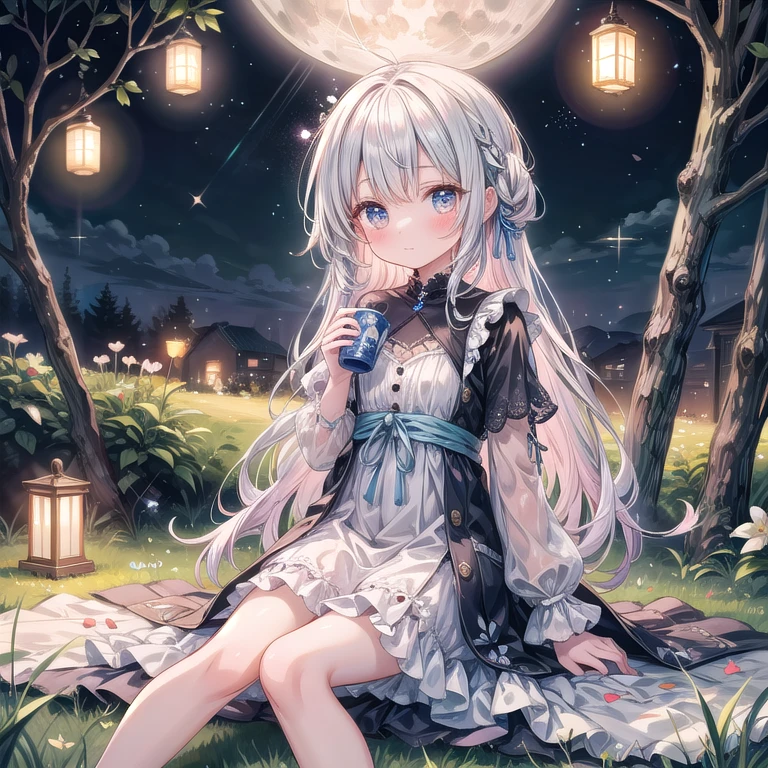 Adorable tipsy girl with big sparkling eyes, fluffy pastel hair, and rosy cheeks, sitting on a grassy hill under a full moon. Wearing a cute, flowy dress. Holding a small sake cup, surrounded by fireflies and soft lantern light. Dreamy, watercolor style with gentle brushstrokes. Soft, glowing moonlight and delicate details on dress and accessories. Whimsical, tranquil atmosphere with subtle sparkles.
