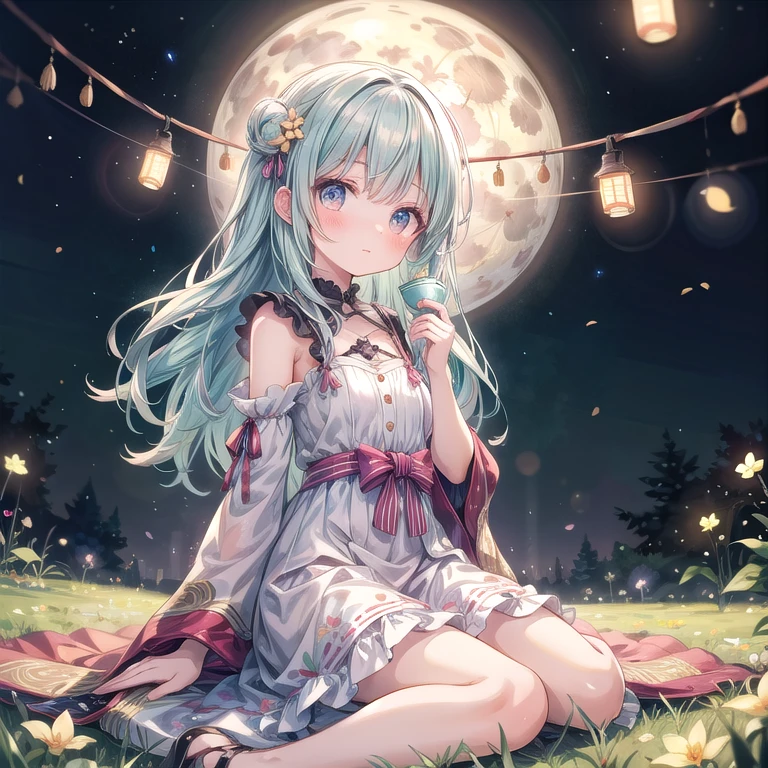 Adorable tipsy girl with big sparkling eyes, fluffy pastel hair, and rosy cheeks, sitting on a grassy hill under a full moon. Wearing a cute, flowy dress. Holding a small sake cup, surrounded by fireflies and soft lantern light. Dreamy, watercolor style with gentle brushstrokes. Soft, glowing moonlight and delicate details on dress and accessories. Whimsical, tranquil atmosphere with subtle sparkles.