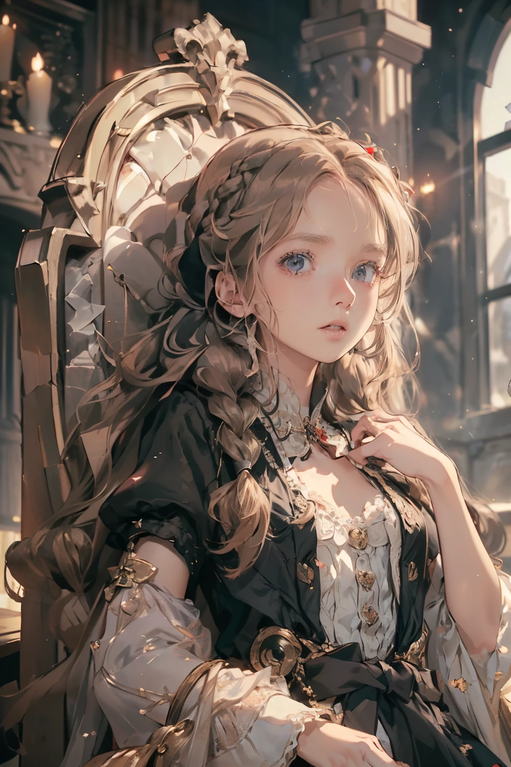 ((best quality)), ((masterpiece)), (detailed), 1girl, (big forhead:1.2),extremely detailed cute anime face, (((flat chest))), (flat chest:1.1),((((long twin braids,tight braids,long braid,braided hair,long hair)))),intricate eyes,beautiful detailed eyes,symmetrical eyes,(((detailed face))),beautiful detailed lips, dynamic pose, looking at this, resolved, resolute, highres,(best quality),(ultra detailed,extremely detailed),perfect face details, ((masterpiece:1.4, best quality))+, (ultra detailed)+, long twintails, cute girl, (flat chest:1.1), small breasts, slim body, skinny, prominent collarbones, skinny arms, flat stomach, visible hip bones, long hair, red hair, white hair, blonde hair, dark hair, ponytail, thick ponytail, heavy ponytail, small breasts, perfect face, small breasts (flat chest:1.1), Detailed body,Full limbs, (flat chest:1.1), A female knight,Yellow hair,diadems, Wide-angle, Bokeh, Wide-angle, High details, High quality, High Quality anime art style, Masterpiece, bloodborne inspired, bloodborne aesthetic, ornate gothic attire, gothic, occult aesthestic, occult, whole body, full body, body, ornate mourning wear, templar knight inspired, red and white clothing,