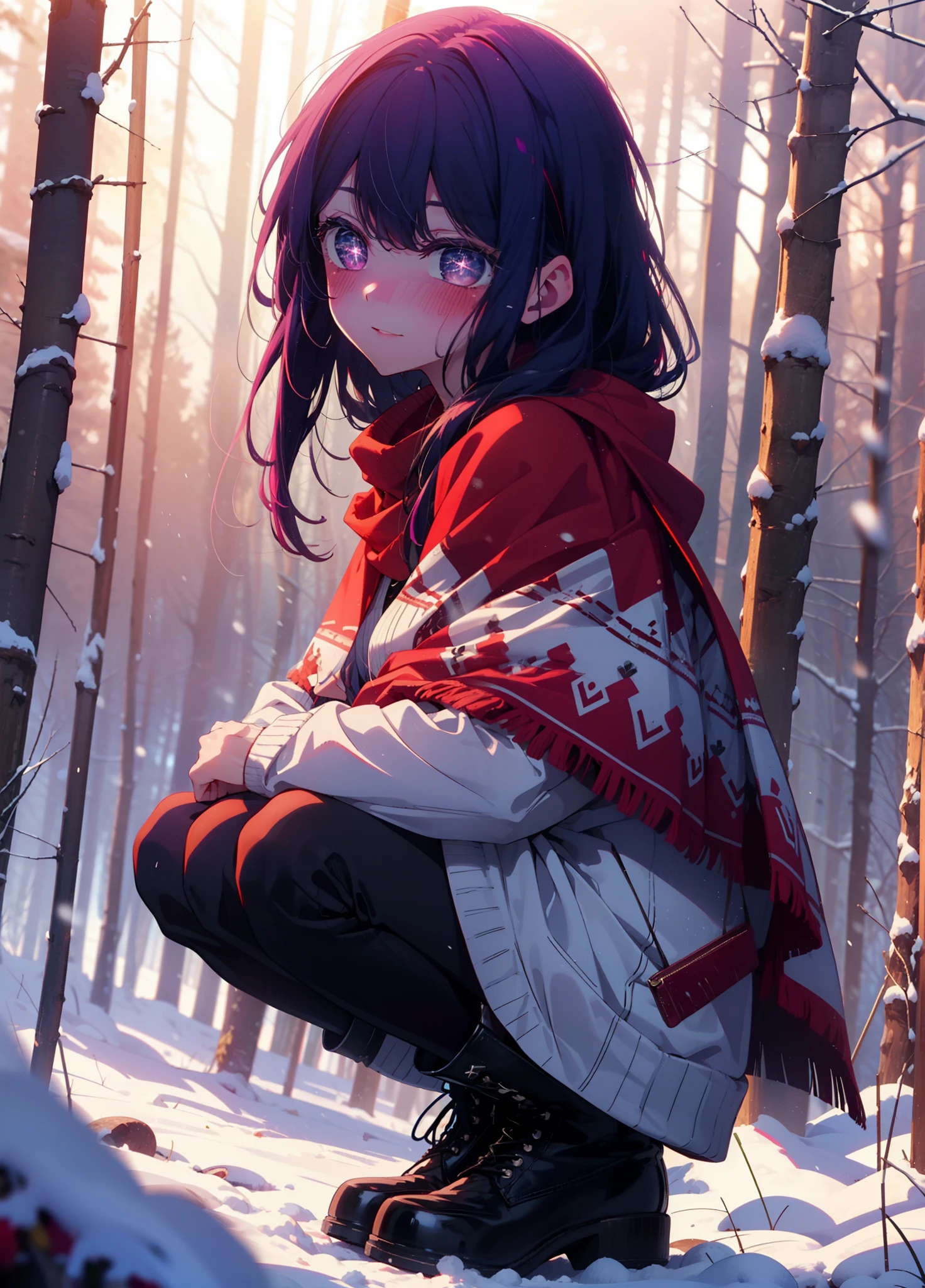 aihoshino, Ai Hoshino, Long Hair, bangs, (Purple eyes:1.1), Purple Hair, (Symbol-shaped pupil:1.5), smile,,smile,blush,white breath,
Open your mouth,snow,Ground bonfire, Outdoor, boots, snowing, From the side, wood, suitcase, Cape, Blurred, , forest, White handbag, nature, Squat, Mouth closed, Cape, winter, Written boundary depth, Black shoes, red Cape break looking at viewer, Upper Body, whole body, break Outdoor, forest, nature, break (masterpiece:1.2), Highest quality, High resolution, unity 8k wallpaper, (shape:0.8), (Beautiful and beautiful eyes:1.6), Highly detailed face, Perfect lighting, Highly detailed CG, (Perfect hands, Perfect Anatomy),