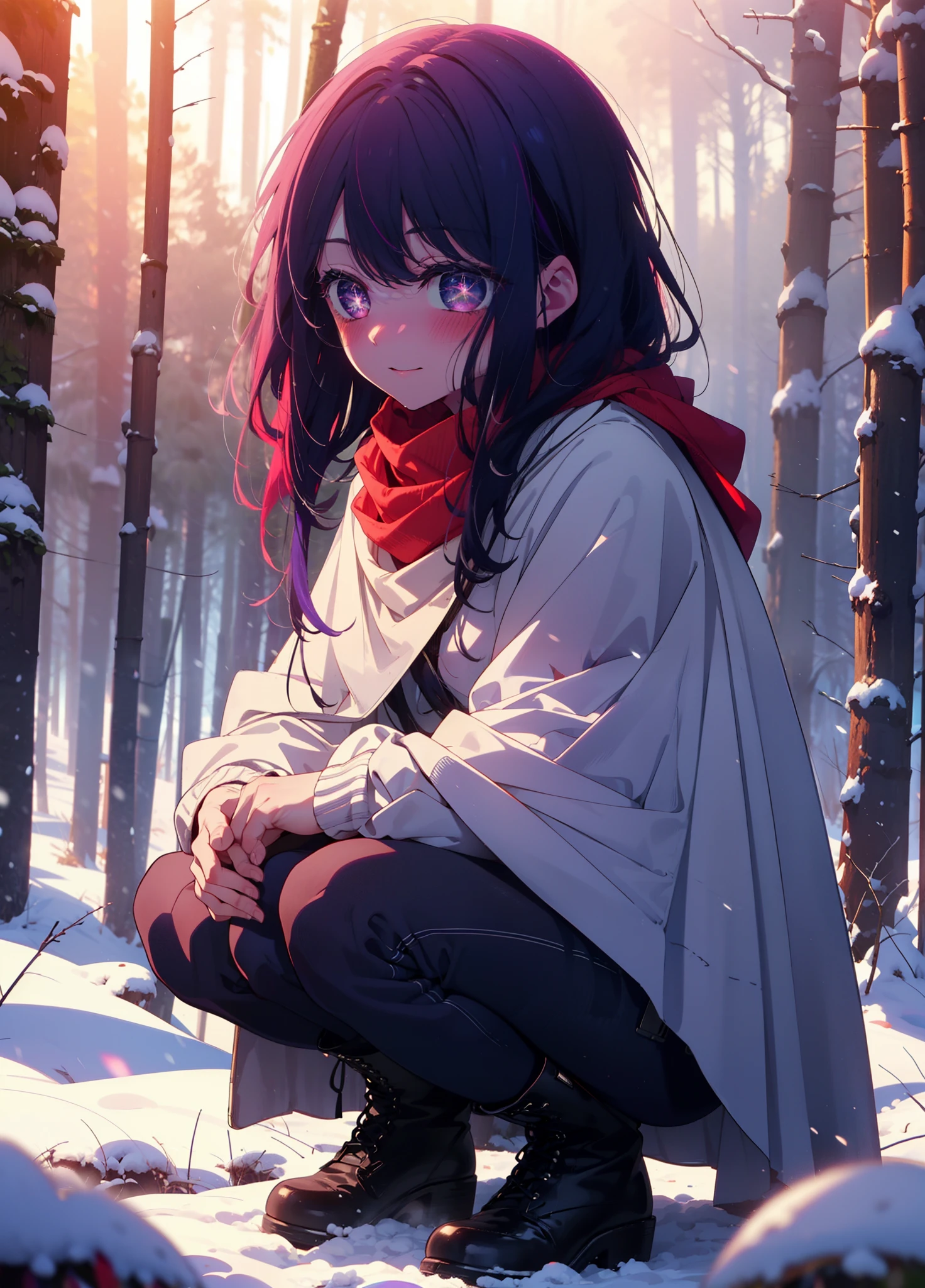 aihoshino, Ai Hoshino, Long Hair, bangs, (Purple eyes:1.1), Purple Hair, (Symbol-shaped pupil:1.5), smile,,smile,blush,white breath,
Open your mouth,snow,Ground bonfire, Outdoor, boots, snowing, From the side, wood, suitcase, Cape, Blurred, , forest, White handbag, nature, Squat, Mouth closed, Cape, winter, Written boundary depth, Black shoes, red Cape break looking at viewer, Upper Body, whole body, break Outdoor, forest, nature, break (masterpiece:1.2), Highest quality, High resolution, unity 8k wallpaper, (shape:0.8), (Beautiful and beautiful eyes:1.6), Highly detailed face, Perfect lighting, Highly detailed CG, (Perfect hands, Perfect Anatomy),