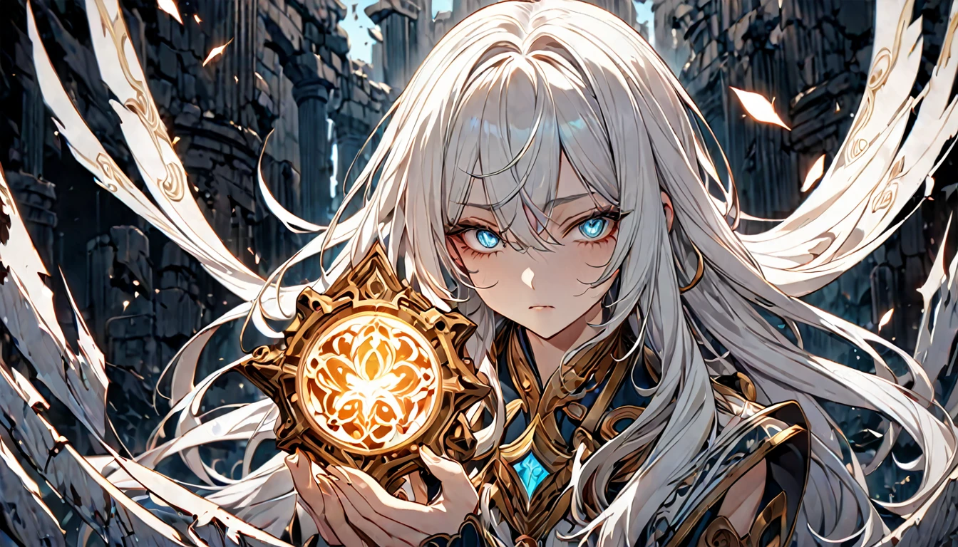 **133. One person。mysterious。Long-haired white-haired girl。Cowboy shot or close-up。
masterpiece, best quality, ultra detailed
(Detailed fingers), (Emotional), (Breathtakingly beautiful), (main part: 1.2 Whole body.), (Anime Style), (Very detailed), (Brutal), (超High resolution, High resolution), (8k), (High resolution: 1.2), (Complex and beautiful: 1.2)**
- background: Inside the ancient ruins、Ancient characters emerge。
- Long-haired white-haired girl: Delicately drawn adventurer-style outfit、Sparkling Eyes。In his hands he holds a glowing ancient artifact.。
- Effects: Light emanating from the artifact、Ancient energy spreads among the ruins。