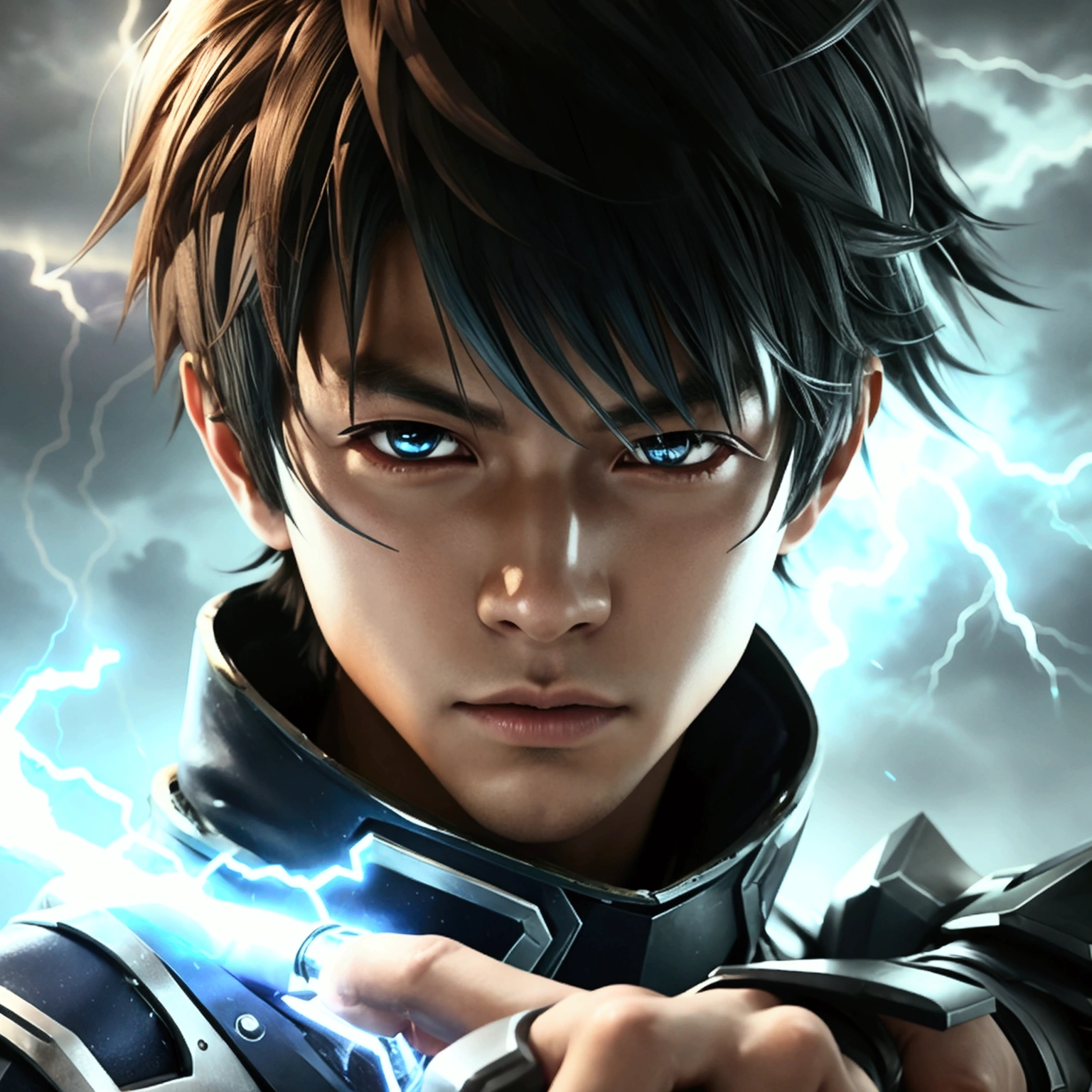 Design an anime-style character named Kaito, the 'Thunder Strike.' Kaito should embody a dynamic and powerful presence with a fierce, determined expression. His eyes should be electrifying, reflecting his mastery over lightning. Pose Kaito in an action-ready stance, showcasing his readiness for battle.

Outfit Kaito in sleek, thunder-themed armor with lightning motifs and crackling energy effects. The armor should have a dark, stormy color palette with bright accents that mimic lightning bolts. His weapon should be a thunderous spear or sword, radiating with electric energy.

Design Kaito’s surroundings to reflect a stormy, electrified environment. The background should include dark, swirling clouds, lightning bolts, and flashes of electric light, emphasizing the chaotic power of a thunderstorm. Add lightning effects around Kaito and his weapon to highlight his control over lightning. Ensure the artwork captures Kaito’s intense energy and formidable strength.