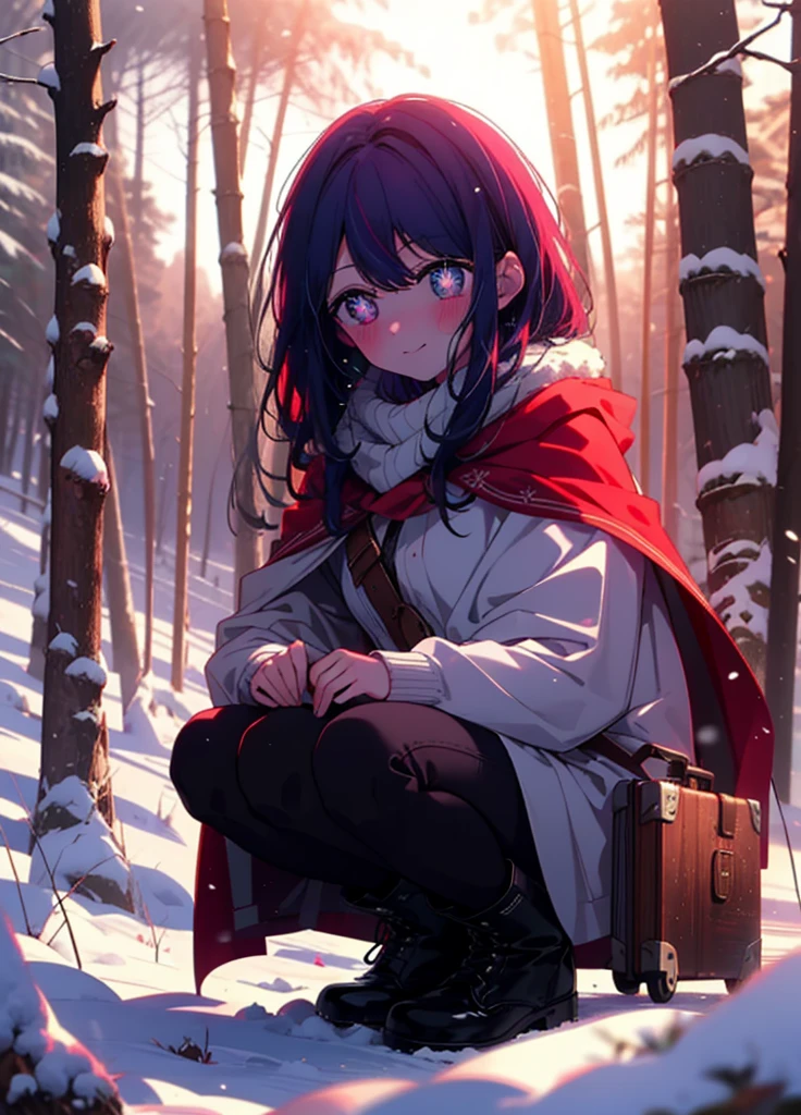 aihoshino, Ai Hoshino, Long Hair, bangs, (Purple eyes:1.1), Purple Hair, (Symbol-shaped pupil:1.5), smile,,smile,blush,white breath,
Open your mouth,snow,Ground bonfire, Outdoor, boots, snowing, From the side, wood, suitcase, Cape, Blurred, , forest, White handbag, nature,  Squat, Mouth closed, Cape, winter, Written boundary depth, Black shoes, red Cape break looking at viewer, Upper Body, whole body, break Outdoor, forest, nature, break (masterpiece:1.2), Highest quality, High resolution, unity 8k wallpaper, (shape:0.8), (Beautiful and beautiful eyes:1.6), Highly detailed face, Perfect lighting, Highly detailed CG, (Perfect hands, Perfect Anatomy),