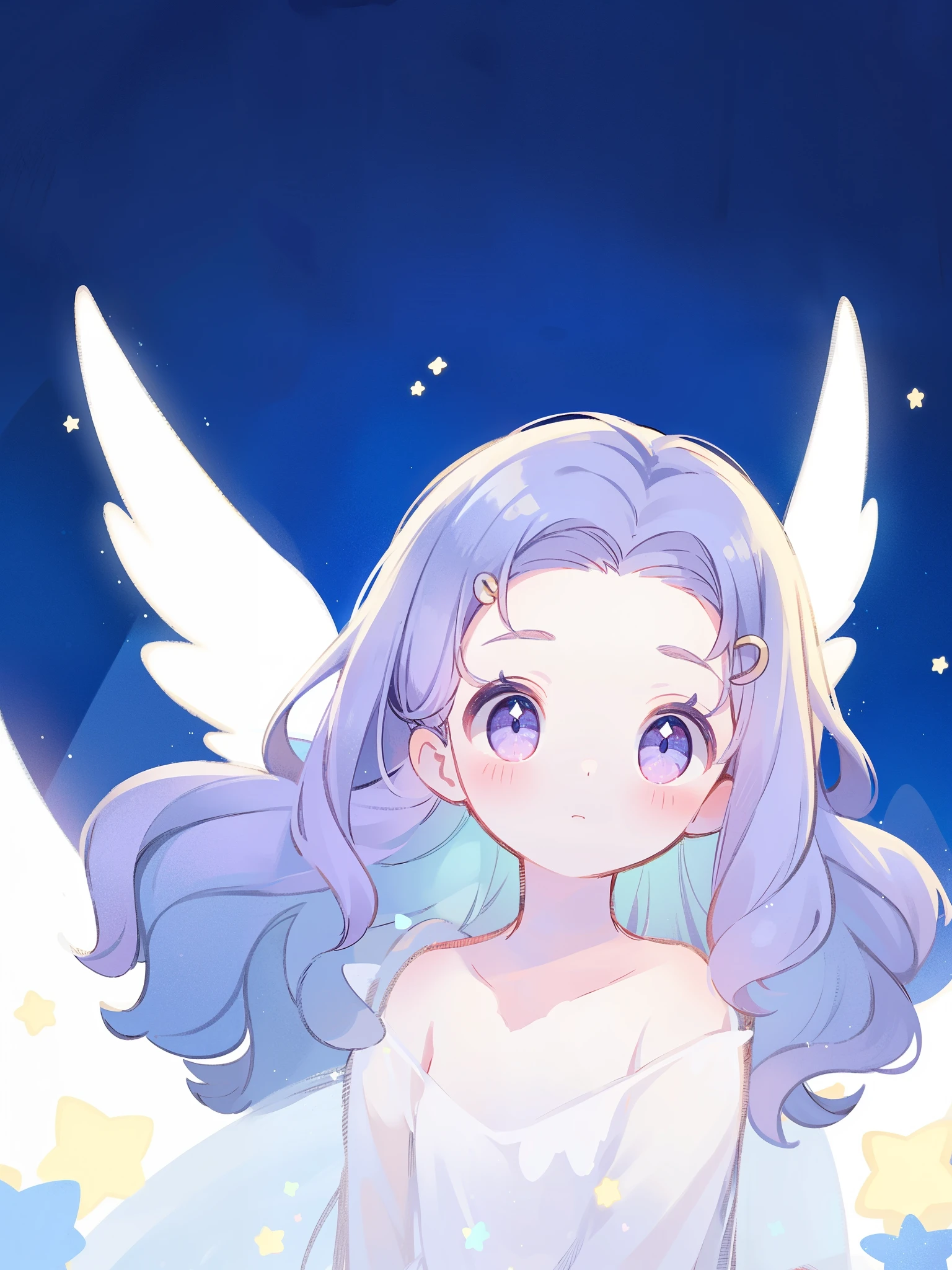 nude angel girl wearing an ethereal translucent dress, pale skin, ((wavy gradient blue purple hair)), white feathers, angel wings, sparkling detailed eyes, golden ratio face, perfect composition, highly detailed, ethereal, (starry night sky background), midjourney style