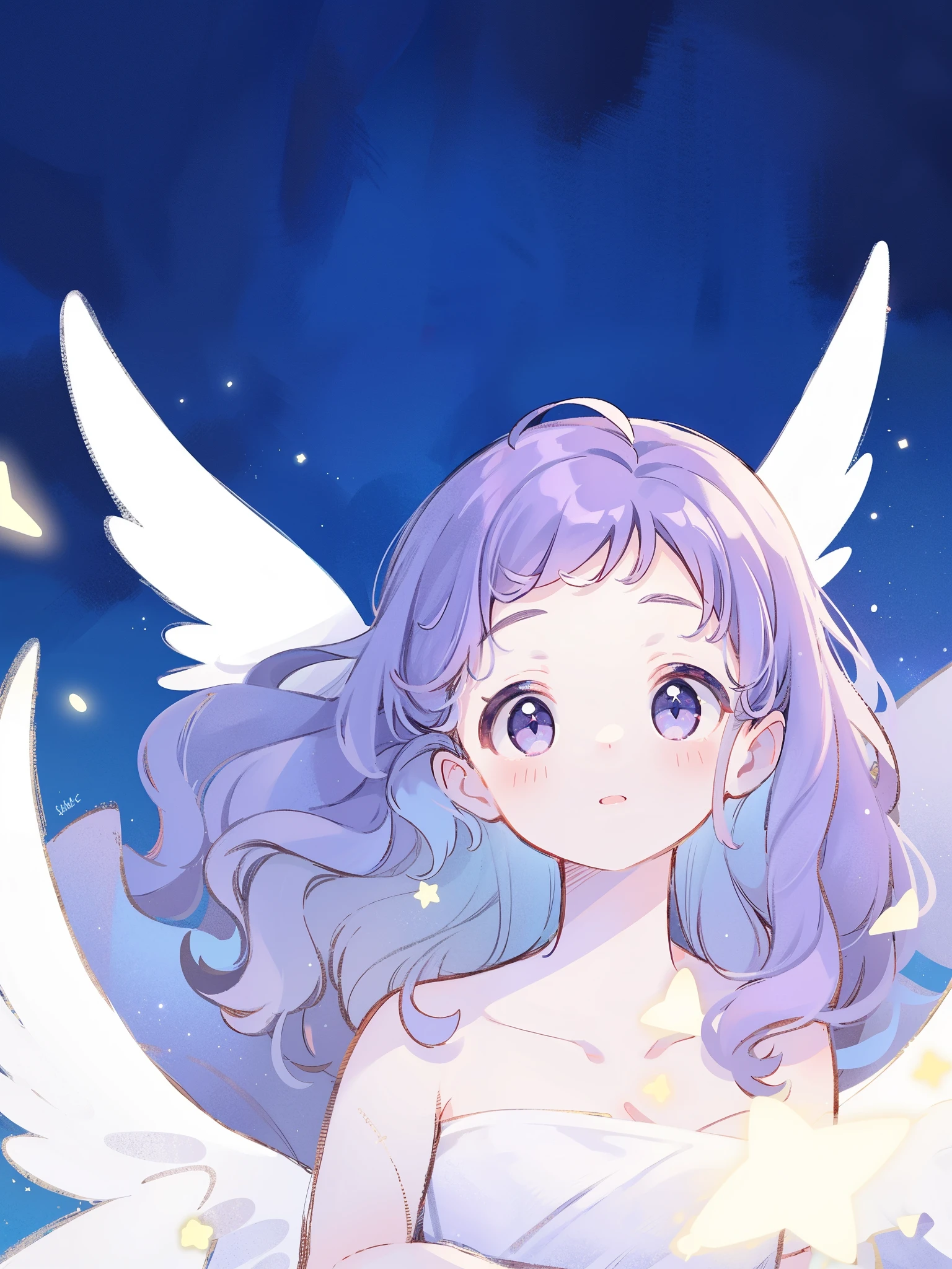 nude angel girl wearing an ethereal translucent dress, pale skin, ((wavy gradient blue purple hair)), white feathers, angel wings, sparkling detailed eyes, golden ratio face, perfect composition, highly detailed, ethereal, (starry night sky background), midjourney style