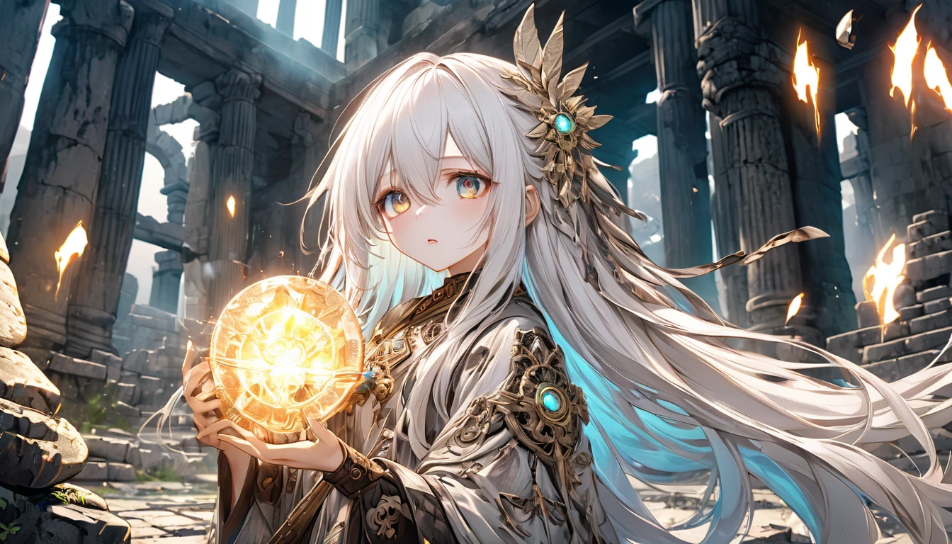 **133. One person。mysterious。Long-haired white-haired girl。Cowboy shot or close-up。
masterpiece, best quality, ultra detailed
(Detailed fingers), (Emotional), (Breathtakingly beautiful), (main part: 1.2 Whole body.), (Anime Style), (Very detailed), (Brutal), (超High resolution, High resolution), (8k), (High resolution: 1.2), (Complex and beautiful: 1.2)**
- background: Inside the ancient ruins、Ancient characters emerge。
- Long-haired white-haired girl: Delicately drawn adventurer-style outfit、Sparkling Eyes。In his hands he holds a glowing ancient artifact.。
- Effects: Light emanating from the artifact、Ancient energy spreads among the ruins。