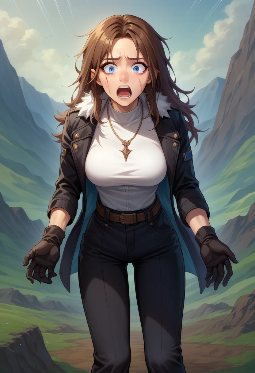 score_9, score_8_up, score_7_up, girl, boy, solo, squall, medium breasts, necklace, brown hair, long hair, gloves, white shirt, blue eyes, shirt, black gloves, jacket, black jacket, fur trim jacket, black pants, belt, scar, diagonal scar,  scar on face, parted bangs, sweathing, shaking, thin waist, leaning forward, shocked face, scared, screaming, stiff hands, standing, looking down, landscape,