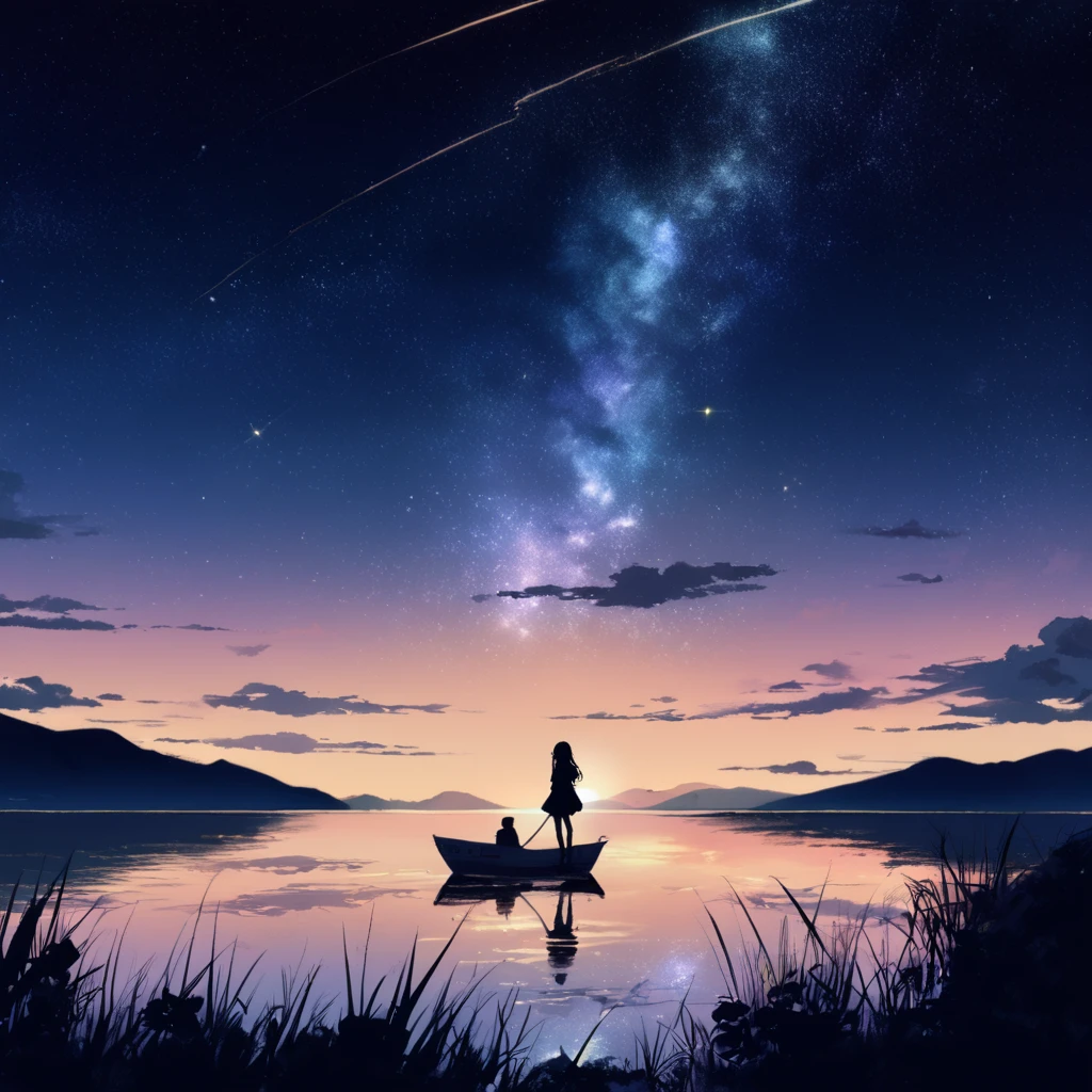 (((masterpiece))),(((Highest quality))),((Very detailed)),Rear View, Looking at the moon, 空にはuniverse船がある, Black Hair Girl, , (Stand 20 meters apart),Standing on the grass in front of the lake, landscape, universe, 8k, Super Detail,The whole scene is shining'S、illumination、Particles of light,