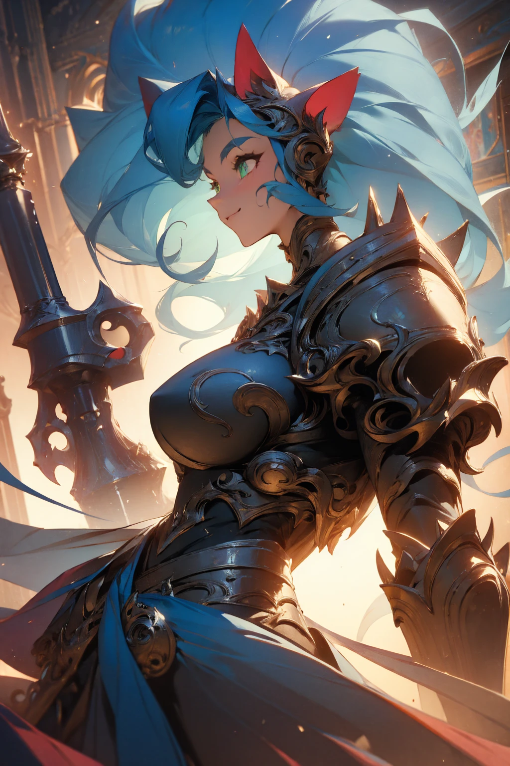 ((Masterpiece, Best Quality)), Felicia, Blue hair, Green eyes, cat eyes, Cat tail, busty, big breasts, big ass, happy, smile, no armor only gauntlets and graves, in a fantasy city, illustration, ultra-detailed 8K, realistic, clear focus, highly detailed, professional lighting, colorful details, colors BREAK,