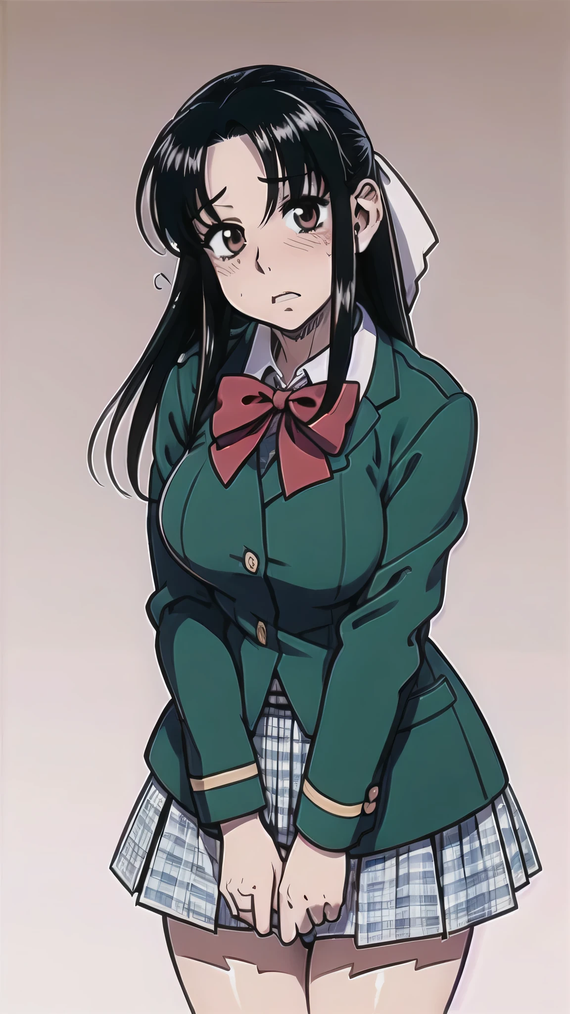 chigusa nana, 1 girl, (solo), ((chigusa nana)), best quality, highres, high quality, 8k, HD, super detail, anatomically correct, UHD, accurate, (masterpiece:1.2), (high quality:1.0), (ultra detailed), (No background), (White Background), (Blushing), (Adult), (Vagina), (no underwear), skirtlift, long hair, black hair, parted bangs, hair bow, brown eyes, white bow, green blazer, red bowtie, uniform skirt