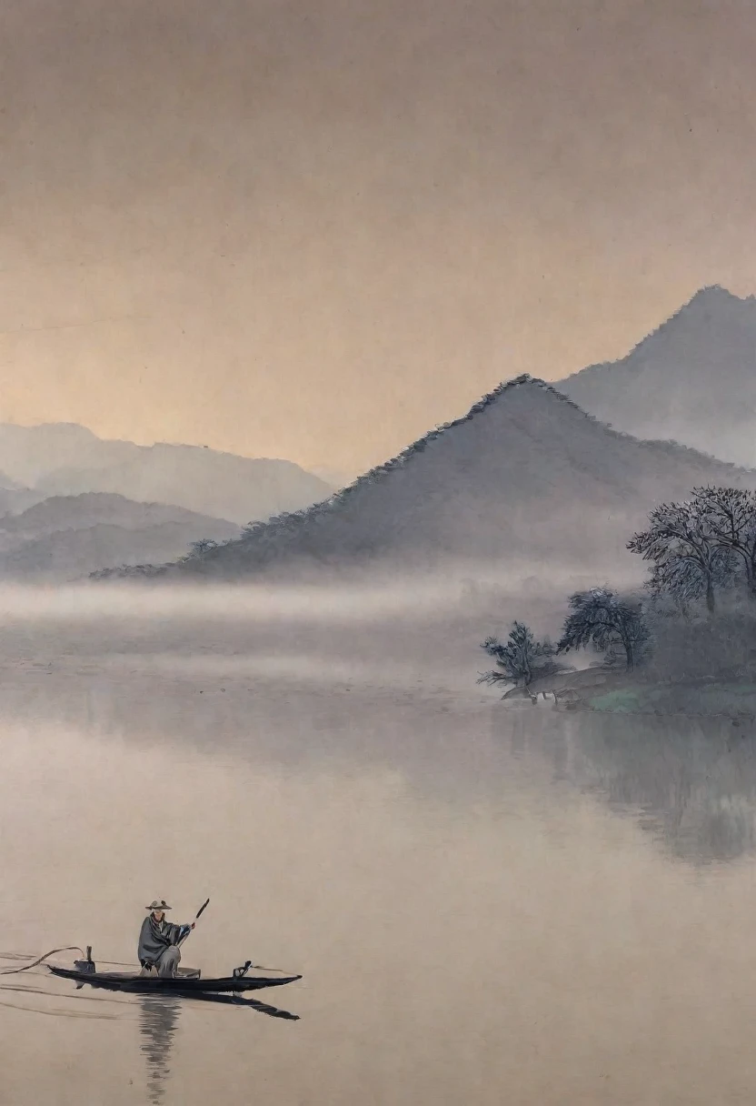 kimhongdo, tnanr, A tranquil riverside scene with a lone fisherman in a traditional boat, surrounded by misty mountains.