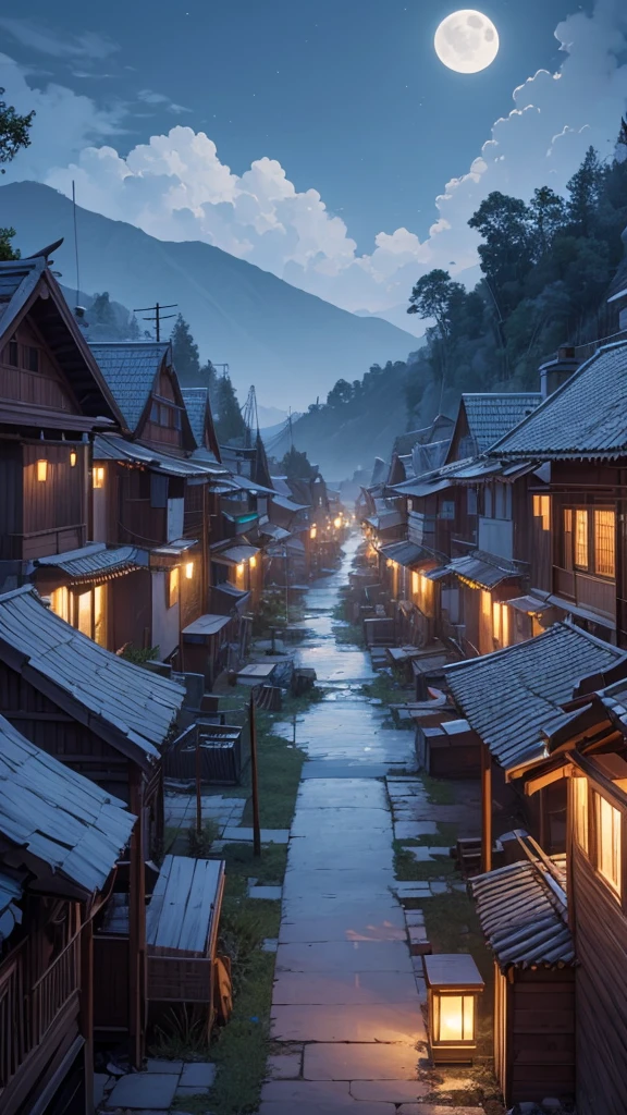 Create a indian village, in night mode, with full moon, houses lights should be off, houses should have smoke from chimeny outlet and with no street lights, make it as far view, the moon light should cover the entire village