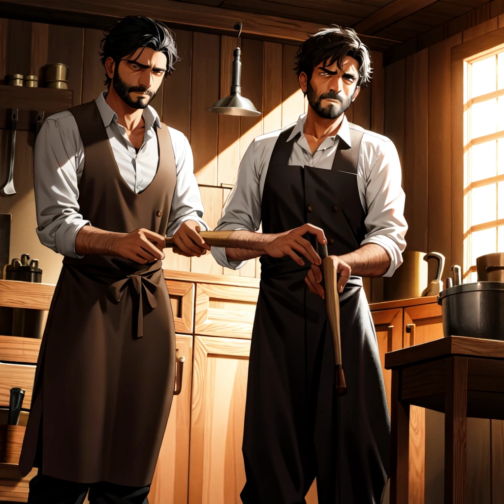 A small, dimly lit workshop with wooden tools and pieces of furniture in various stages of completion. Arif is focused on crafting a wooden chair, his hands steady as he chisels the wood. His clothes are slightly more rugged now, with a leather apron over his shirt and trousers. His expression shows concentration and determination. The scene should convey a sense of learning and hard work."