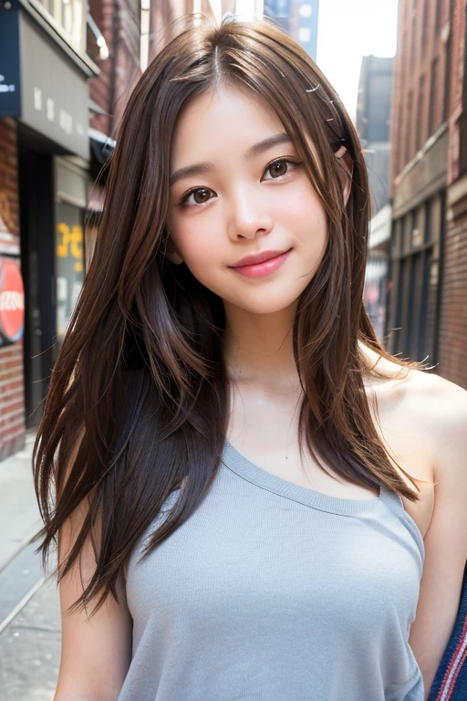 (((Face close-up)))、(((Brown straight hair)))、(((She is photographed with the backdrop of a New York alleyway、Posing like a model at a hair salon。.)))、(((She is wearing casual clothes suitable for early summer..。shoulders are hidden)))、(Natural laughter:1.25)、Half Japanese, Half Korean、18-year-old girl、Independent、I&#39;m looking forward to、Light eye makeup、Brown Hair Color、Flat 、Hair blowing in the wind、Quality of actress、Shiny, Ultra-realistic faces、smile、Watery eye、look up、Subtle lighting effects、 Ultra-Realistic Capture、Very detailed、High resolution 16K human skin closeup。Skin texture must be natural、The detail must be such that the pores are clearly visible.、skin is healthy、Even Tone、Use natural light and colour、Worn out, High quality photos taken by modeling agencies&#39;In-house photographer.、smile、(((Sigma 300mm F/1.4,1/1000 sec shutter,ISO400)))、The background is F-stop 1...4 is blurry