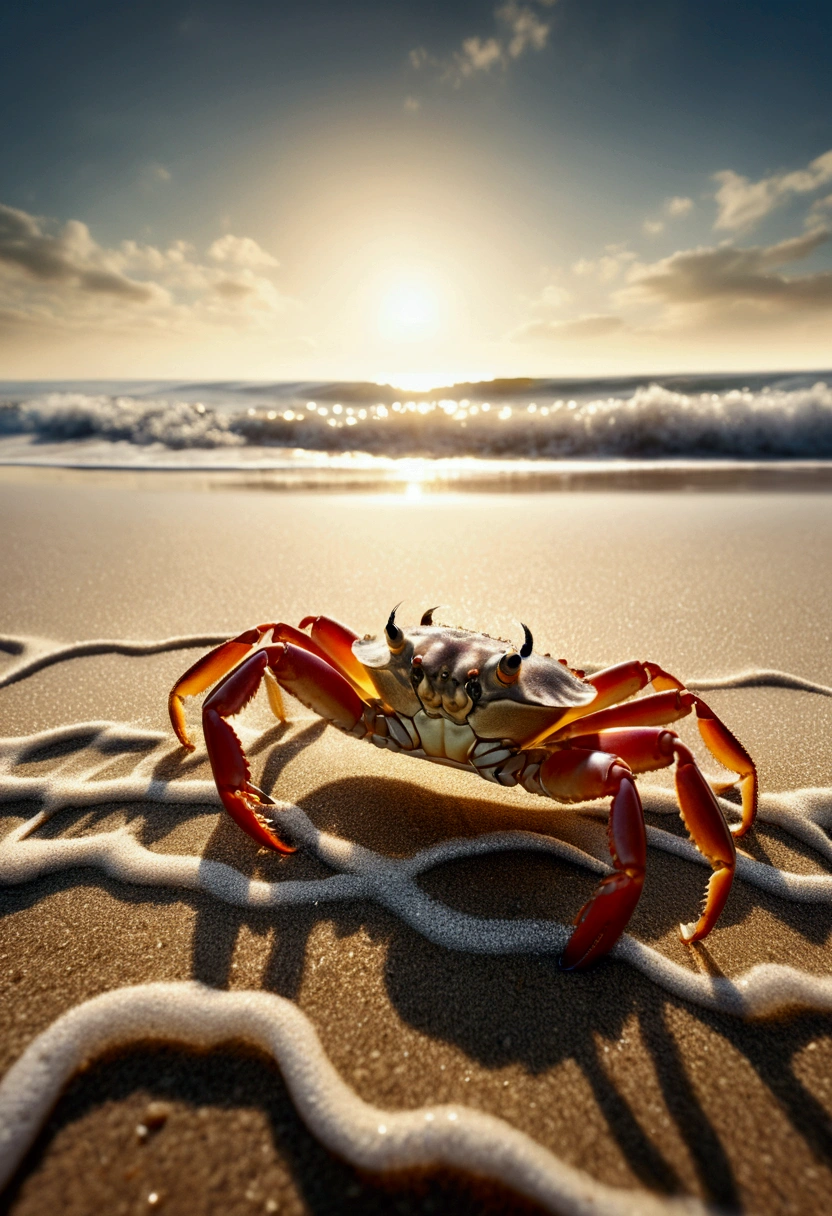 (Low Angle Shot, from below), On the beach, capture the moment when the waves hit the shore from the perspective of a crab, splashing waves, textures and footprints on the beach, and the distant horizon, captivating chiaroscuro, dynamic movement, full body, award-winning, cinematic still, emotional, vignette, dynamic, vivid, (masterpiece, best quality, photorealistic, Professional, perfect composition, very aesthetic, absurdres, ultra-detailed, intricate details:1.3)