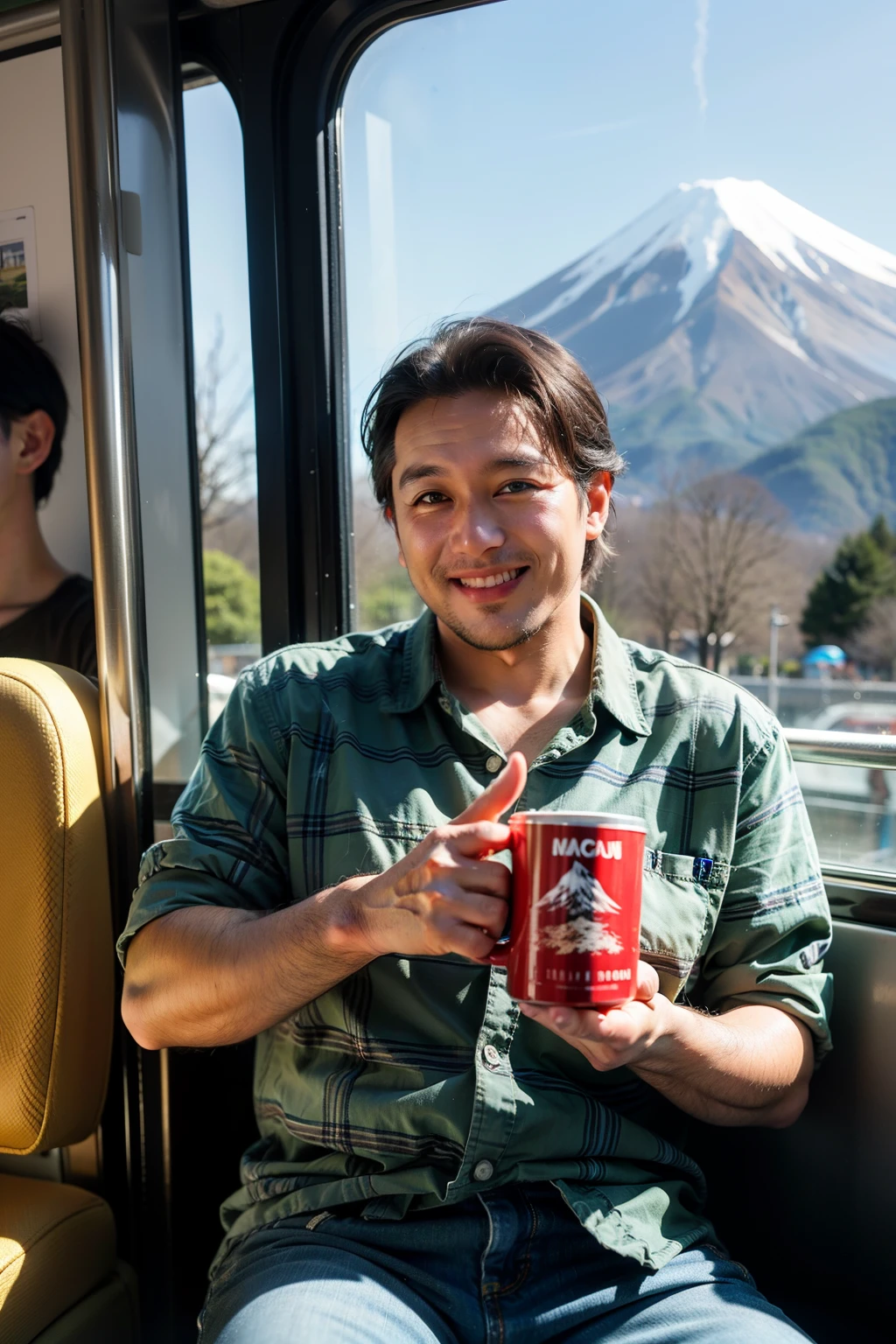 Raising a 40-Year-Old Man, smiling happily, No glasses, Holding colorful mug in hand, Green plaid shirt and jeans holding camera in other hand, Brown eyes, The screen is flawless.Fuji Mountain in the background outside the train window