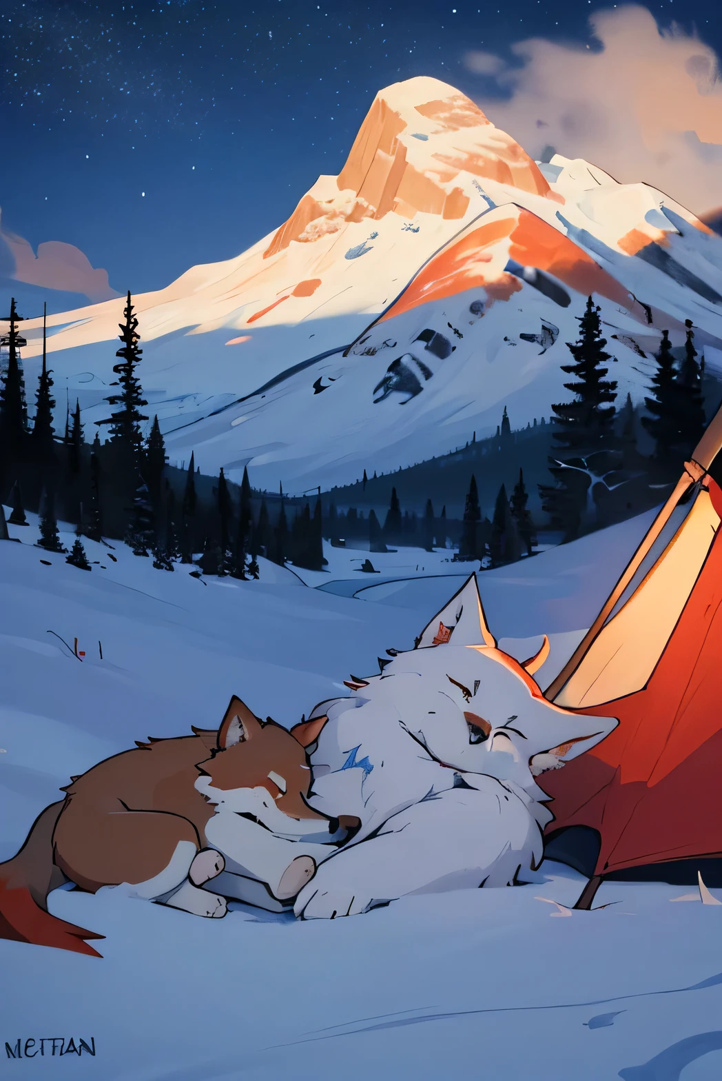 A drawing in a balto/disney style of a gray cub wolf sleeping close from is mother which is a stunning red shewolf. they are next to an indian tipi in a camp, with a campire, smoke, snow and a starry night sky in a moutain yukon terrtory like landscape