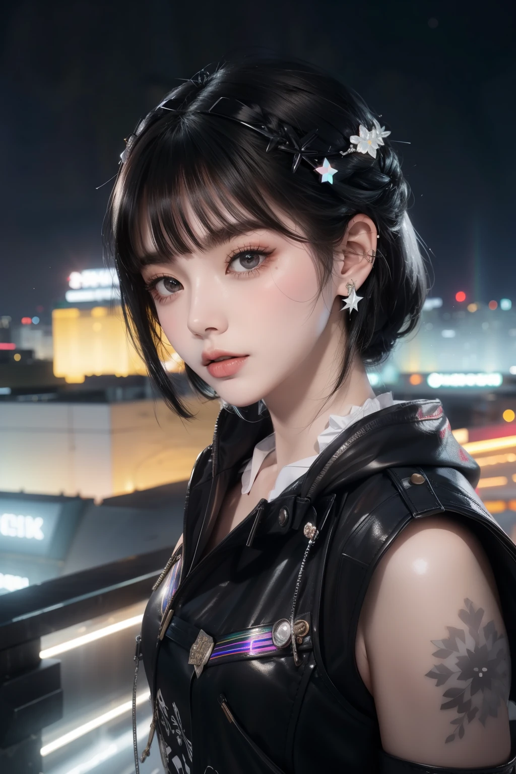 ((building rooftop: 1,3)), ((savage_punk, alone, medium shot, Harajuku rooftop walk, ((night)), blur, neon lights, rainbow eyes, starry sky, shiny black hair, White eyebrows, shiny hair, (rainbow black hair), Earring, good, bijouterie, blunt bangs, busy eyes, Background blur, blur, headdress, Vision, Short hair, portrait, Side Lock break ((swedish girl, White skin, White)),((female&#39;tight combat uniform:1.3)), break (female: 1. 1),(Magic: 1. 3),(night),(supermodel: 1.3)),break ((earring, ring)), cowboy shot,((tall people)),((android)),((search)),((top angle:1. 3)), from above, looking at the camera,((event companion)),((thin see-through)) tight underwear with straps))