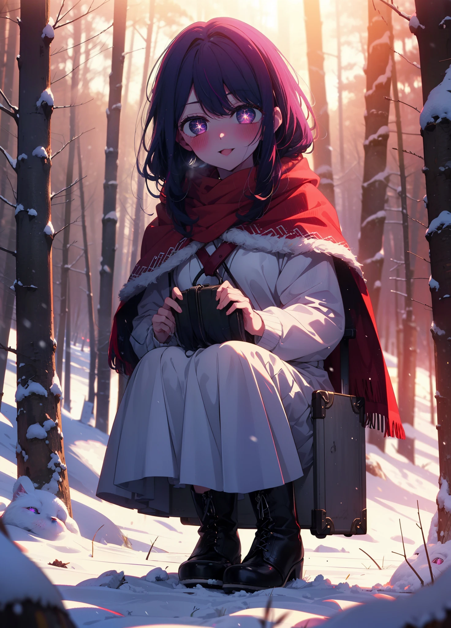 aihoshino, Ai Hoshino, Long Hair, bangs, (Purple eyes:1.1), Purple Hair, (Symbol-shaped pupil:1.5), smile,,smile,blush,white breath,
Open your mouth,snow,Ground bonfire, Outdoor, boots, snowing, From the side, wood, suitcase, Cape, Blurred, , forest, White handbag, nature, Squat, Mouth closed, Cape, winter, Written boundary depth, Black shoes, red Cape break looking at viewer, Upper Body, whole body, break Outdoor, forest, nature, break (masterpiece:1.2), Highest quality, High resolution, unity 8k wallpaper, (shape:0.8), (Beautiful and beautiful eyes:1.6), Highly detailed face, Perfect lighting, Highly detailed CG, (Perfect hands, Perfect Anatomy),