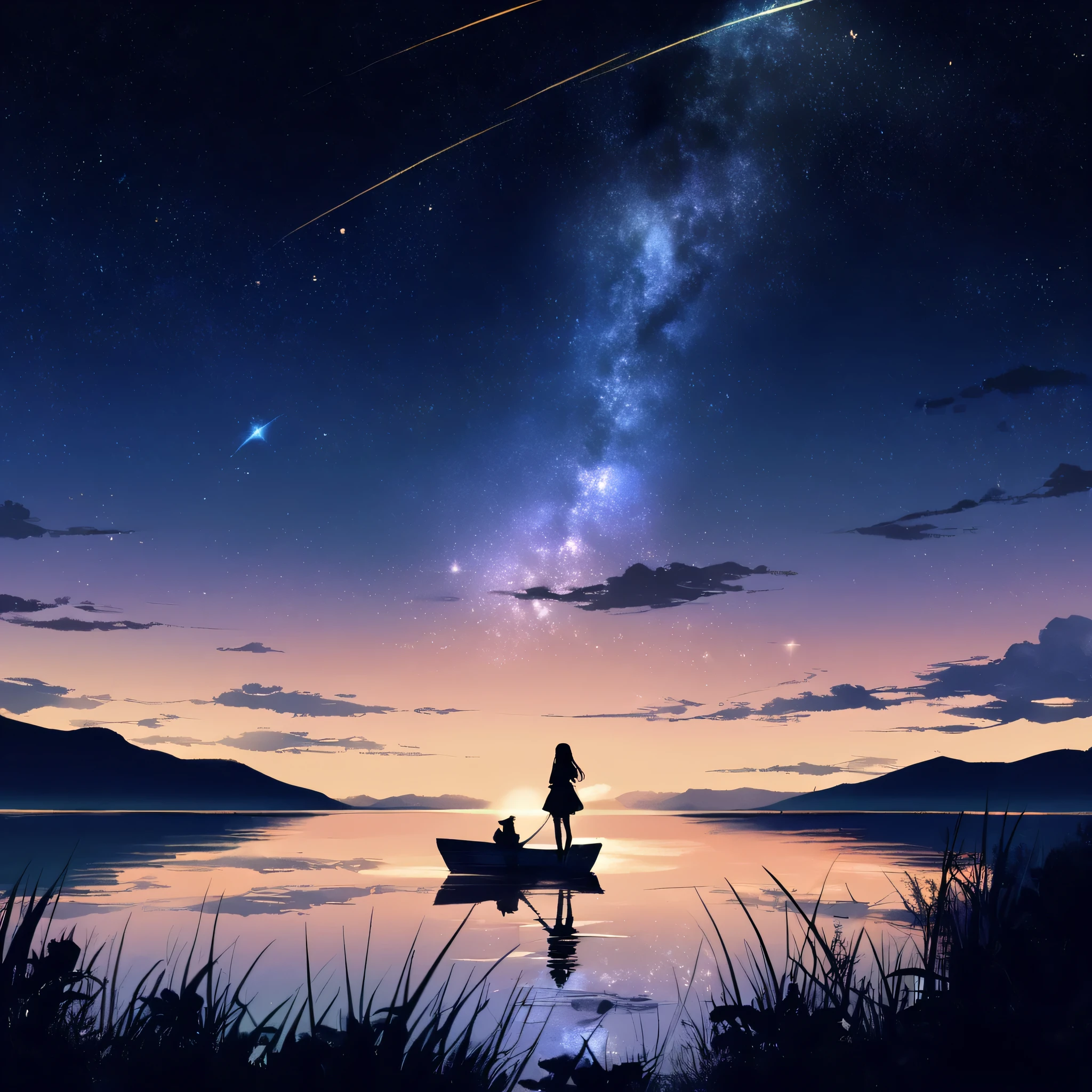 (((masterpiece))),(((Highest quality))),((Very detailed)),Rear View, Looking at the moon, 空にはuniverse船がある, Black Hair Girl, 16-year-old girl, (Stand 20 meters apart),Standing on the grass in front of the lake, landscape, universe, 8k, Super Detail,The whole scene is shining&#39;S、illumination、Particles of light,