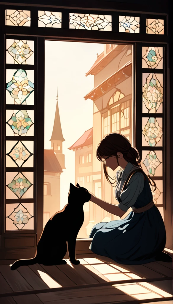 silhouettes of a cat and a girl framed within a massive vintage window frame. The silhouette captures the girl as she bends down to gently grasp the cat's paw, forming a tender and heartwarming moment frozen in time. The interplay of light and shadow against the intricate details of the window frame adds depth and texture to the composition, creating a visually striking image that conveys a sense of connection and companionship between the girl and her feline friend