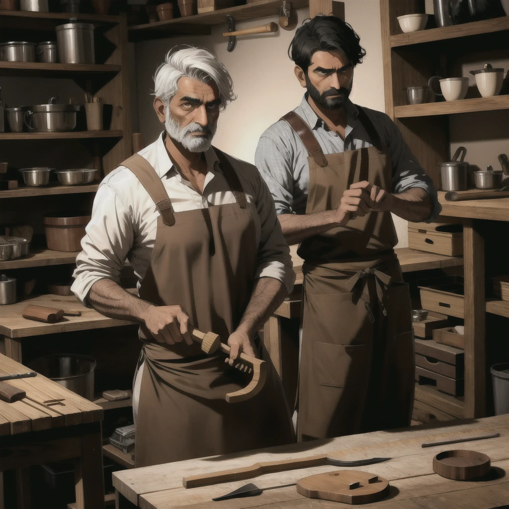 A small, dimly lit workshop with wooden tools and pieces of furniture in various stages of completion. Arif is focused on crafting a wooden chair, his hands steady as he chisels the wood. His clothes are slightly more rugged now, with a leather apron over his shirt and trousers. His expression shows concentration and determination. The scene should convey a sense of learning and hard work."